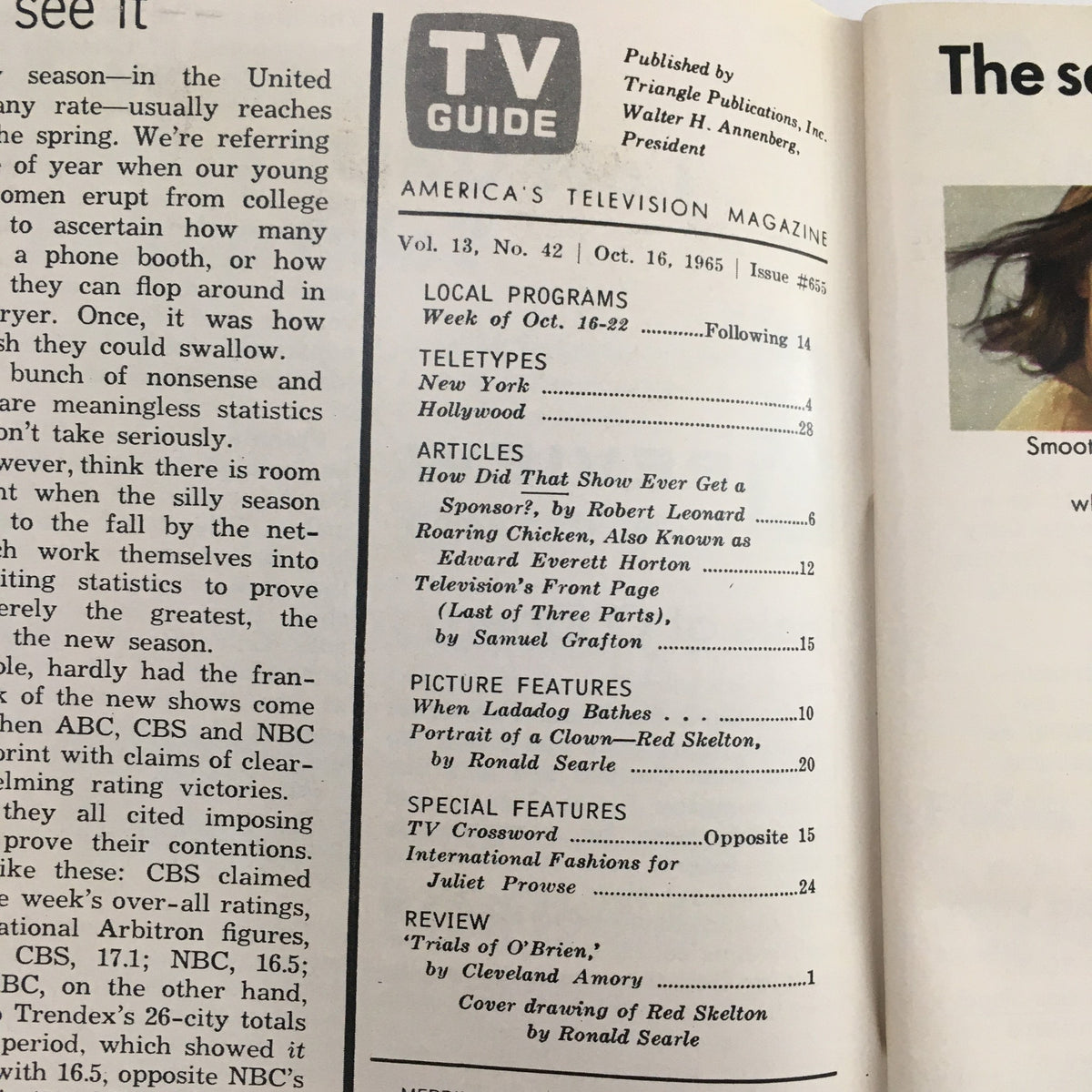 Inside page of TV Guide October 16 1965 showing articles and features, including a spotlight on Red Skelton, showcasing its nostalgic and historical content.