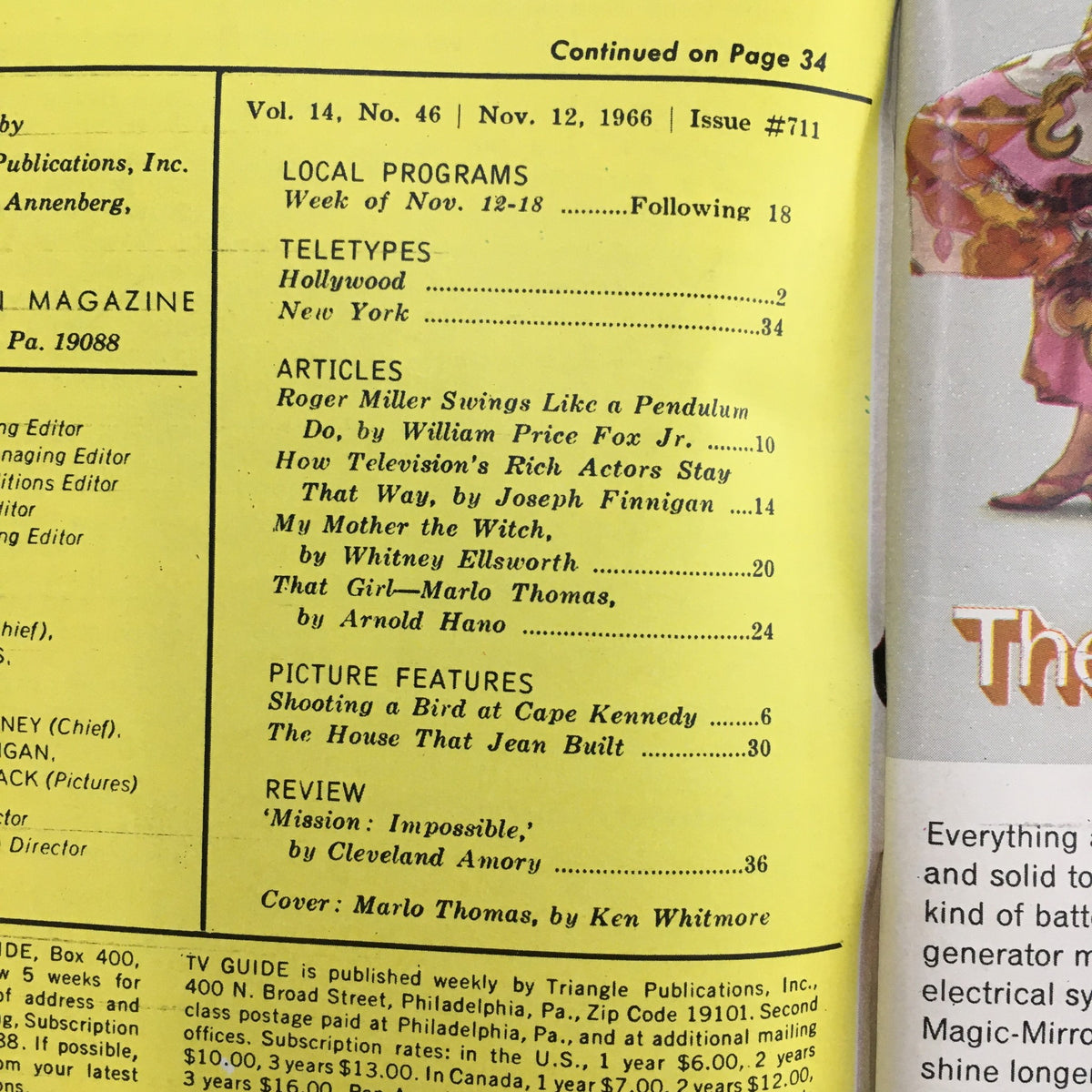Interior page of TV Guide November 12 1966, Volume 14, Issue 46, highlighting articles and local program listings.