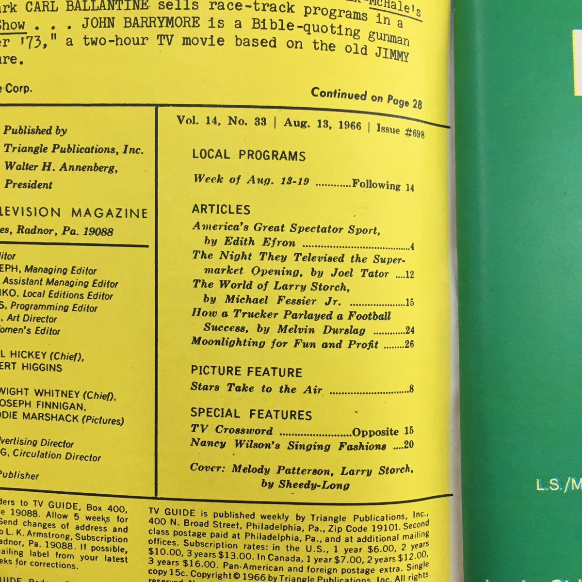 Interior page of TV Guide Magazine August 13, 1966 showing the table of contents and articles, including features on local programming and popular television shows from the era.