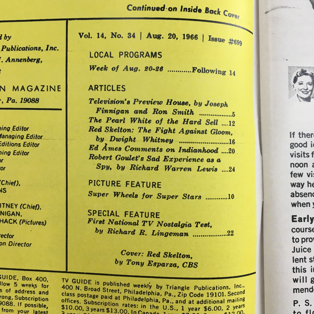 Inside back cover of TV Guide Magazine August 20 1966, featuring article listings and local programs including Red Skelton, highlighting significant TV history.