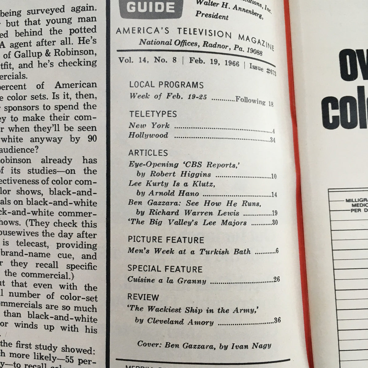 Inside page of TV Guide February 19, 1966, displaying article titles and features including 'Ben Gazzara: See How He Runs,' exemplifying classic television content.