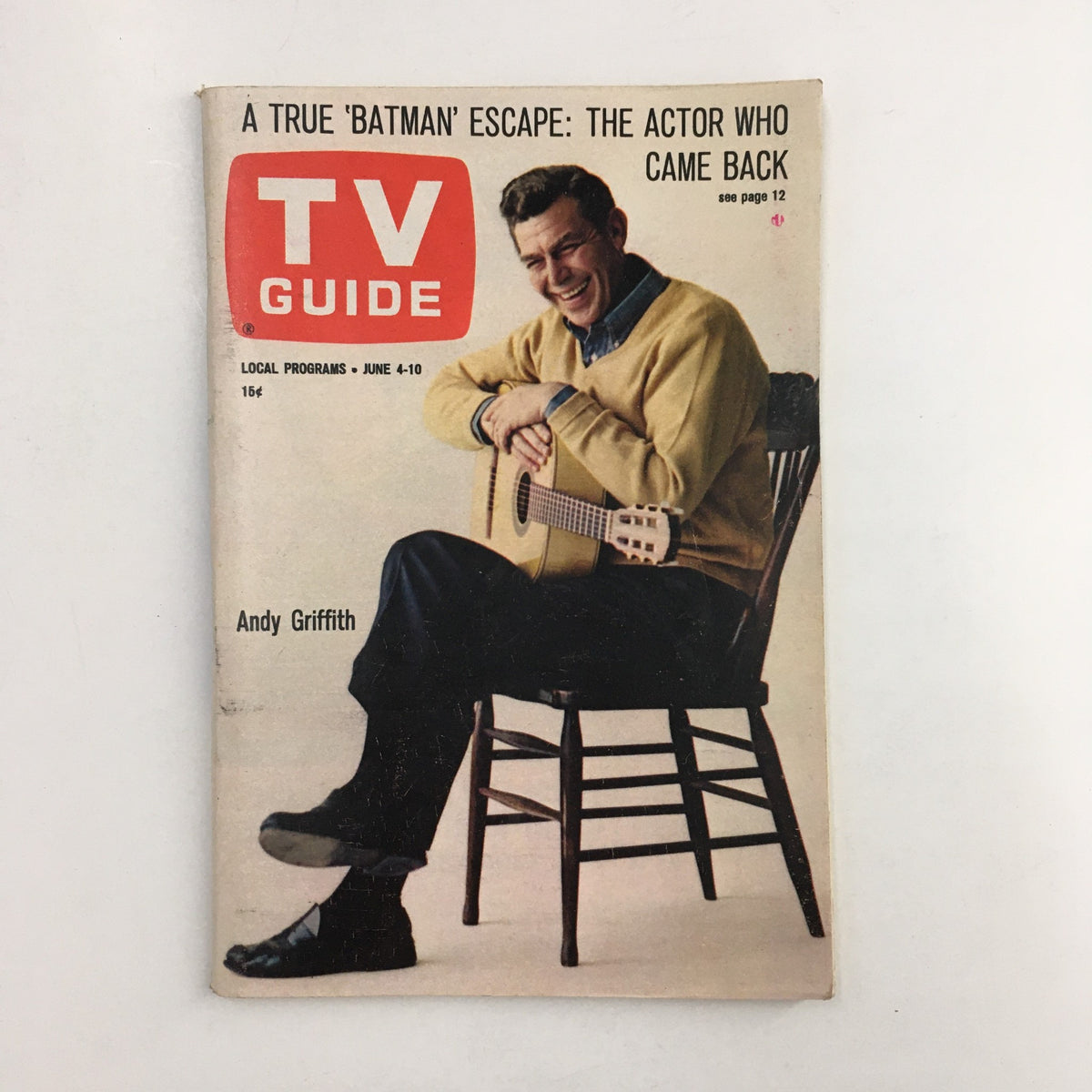 Cover of TV Guide Magazine from June 4, 1966 featuring Andy Griffith, showcasing a vintage photo of him with a guitar.