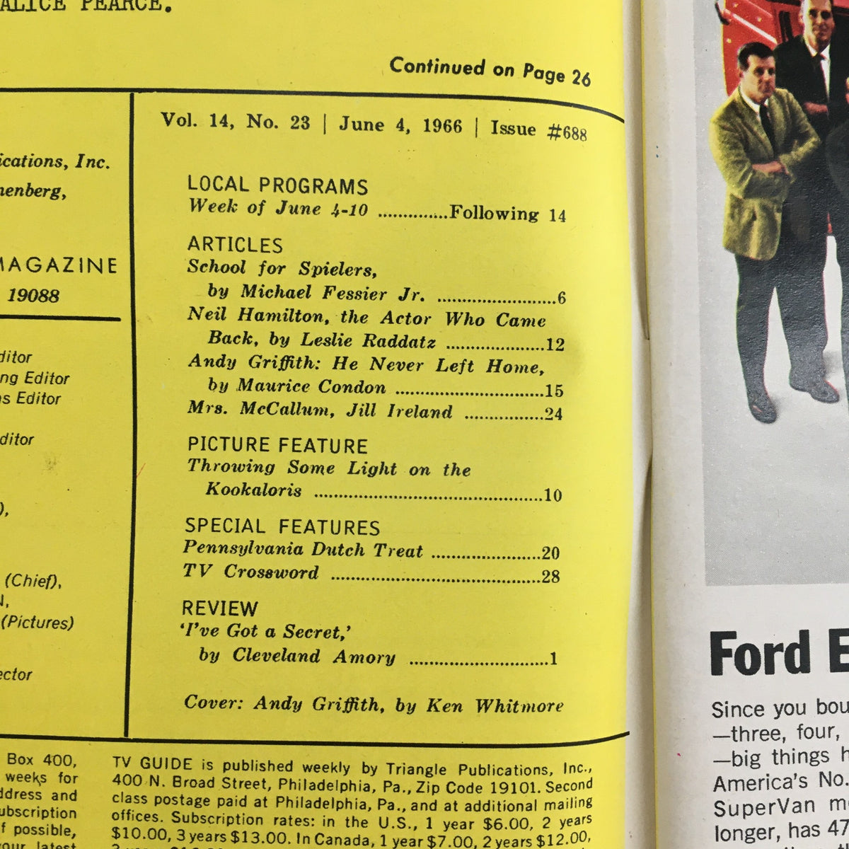 Interior page of TV Guide Magazine dated June 4, 1966, listing articles and features, including a focus on Andy Griffith.
