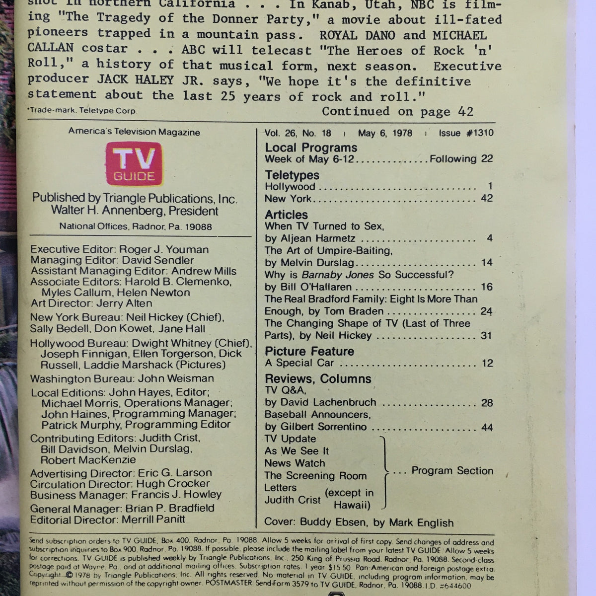 Interior page of TV Guide Magazine May 6, 1978 detailing articles and local programs, including content related to Buddy Ebsen.