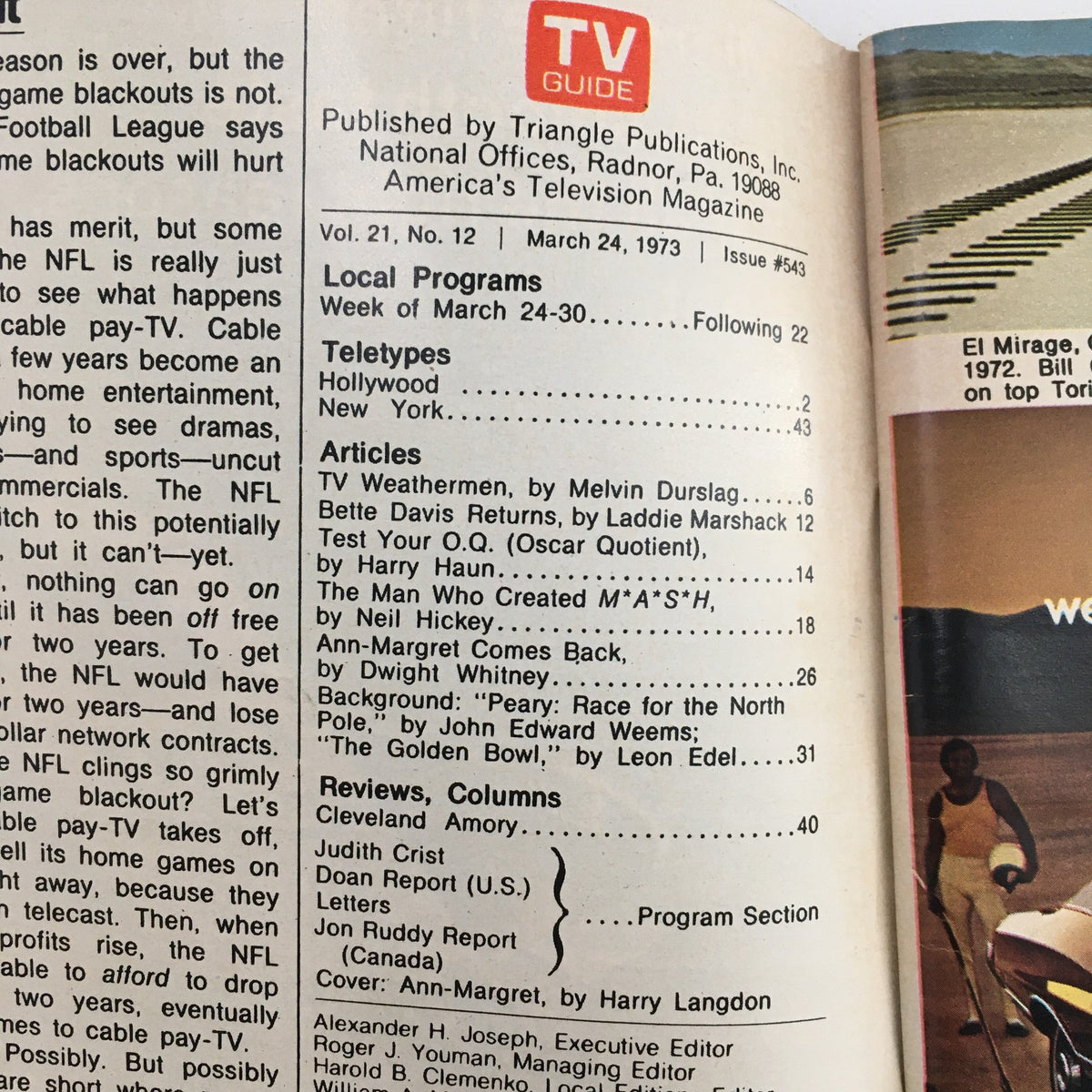 Inside page of TV Guide Magazine March 24 1973 featuring the table of contents with articles including one about Ann-Margret.