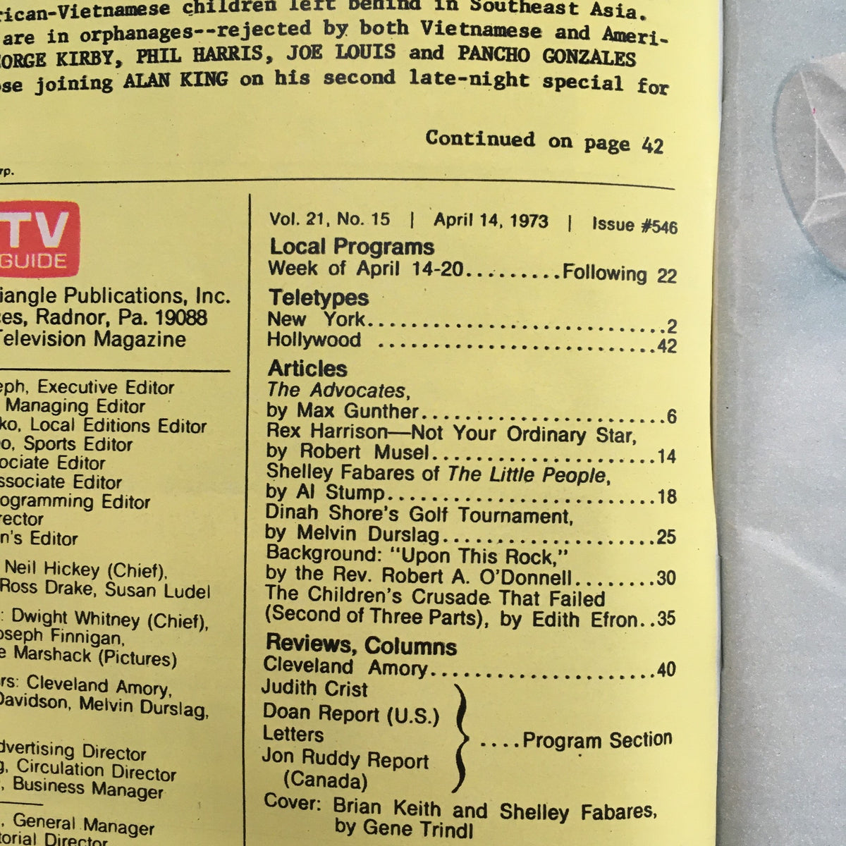 Page from TV Guide Rochester NY April 14 1973 featuring program listings and articles, highlighting Shelley Fabares and Brian Keith's contributions to television.