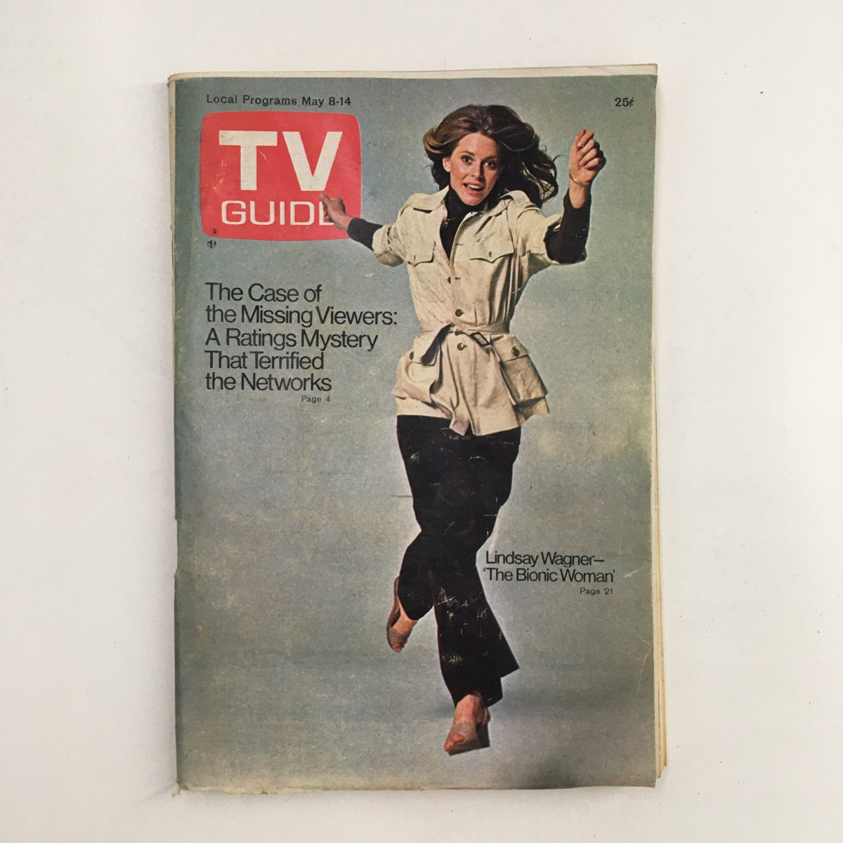 TV Guide Magazine cover from May 8, 1976, featuring Lindsay Wagner and the article on the case of missing viewers in ratings, no label, Rochester NY
