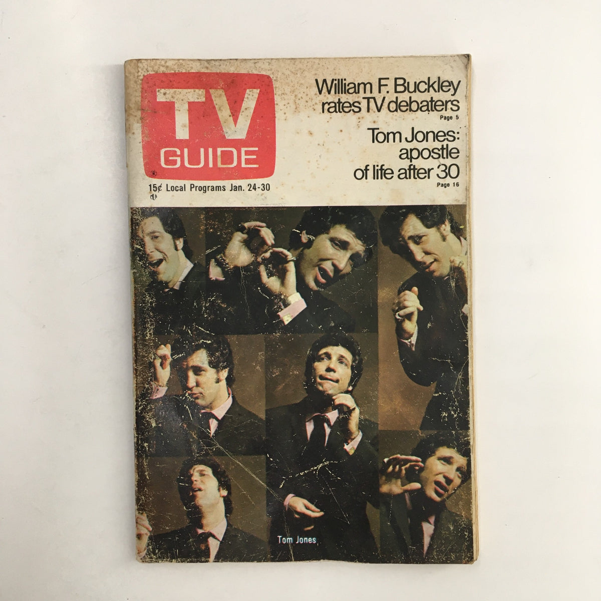 Vintage TV Guide cover from January 24, 1970, featuring Tom Jones, showcasing a collage of his expressions and poses, ideal for collectors of entertainment memorabilia.