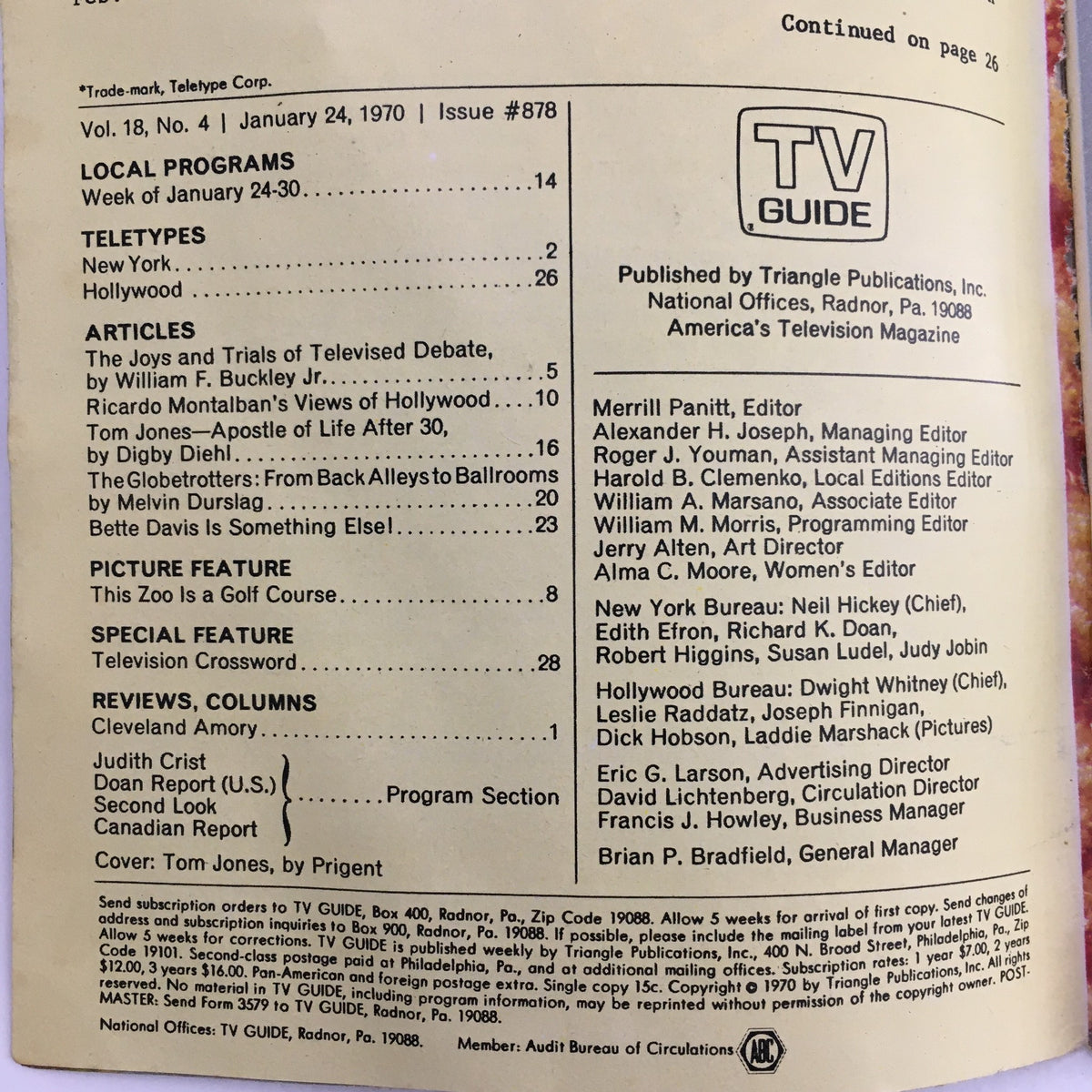 Image of the inside back cover of TV Guide January 24 1970 featuring Tom Jones. Contains local program listings and articles.
