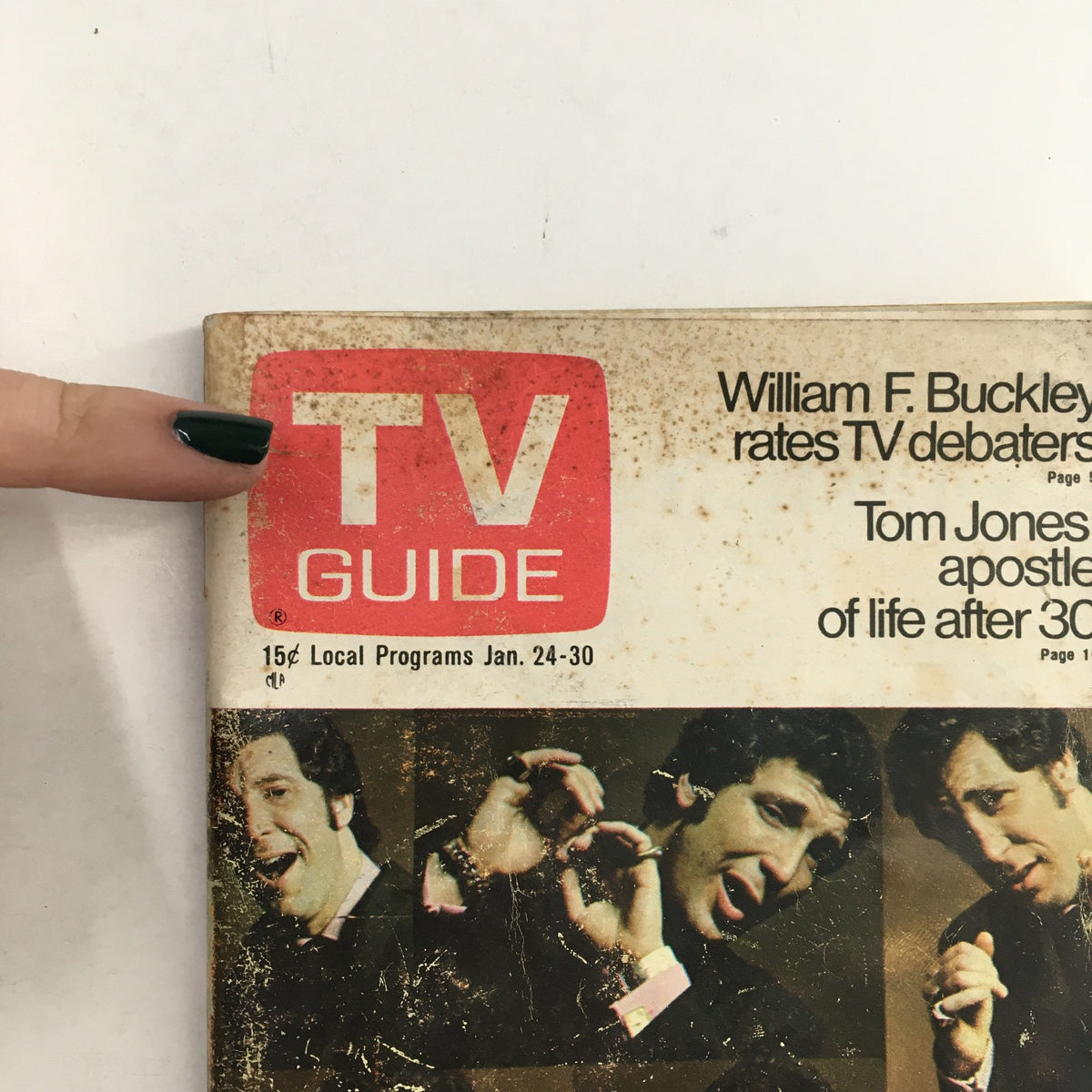 Cover image of TV Guide January 24 1970 showcasing Tom Jones with a ratings article by William F. Buckley. Features a red logo of TV Guide.