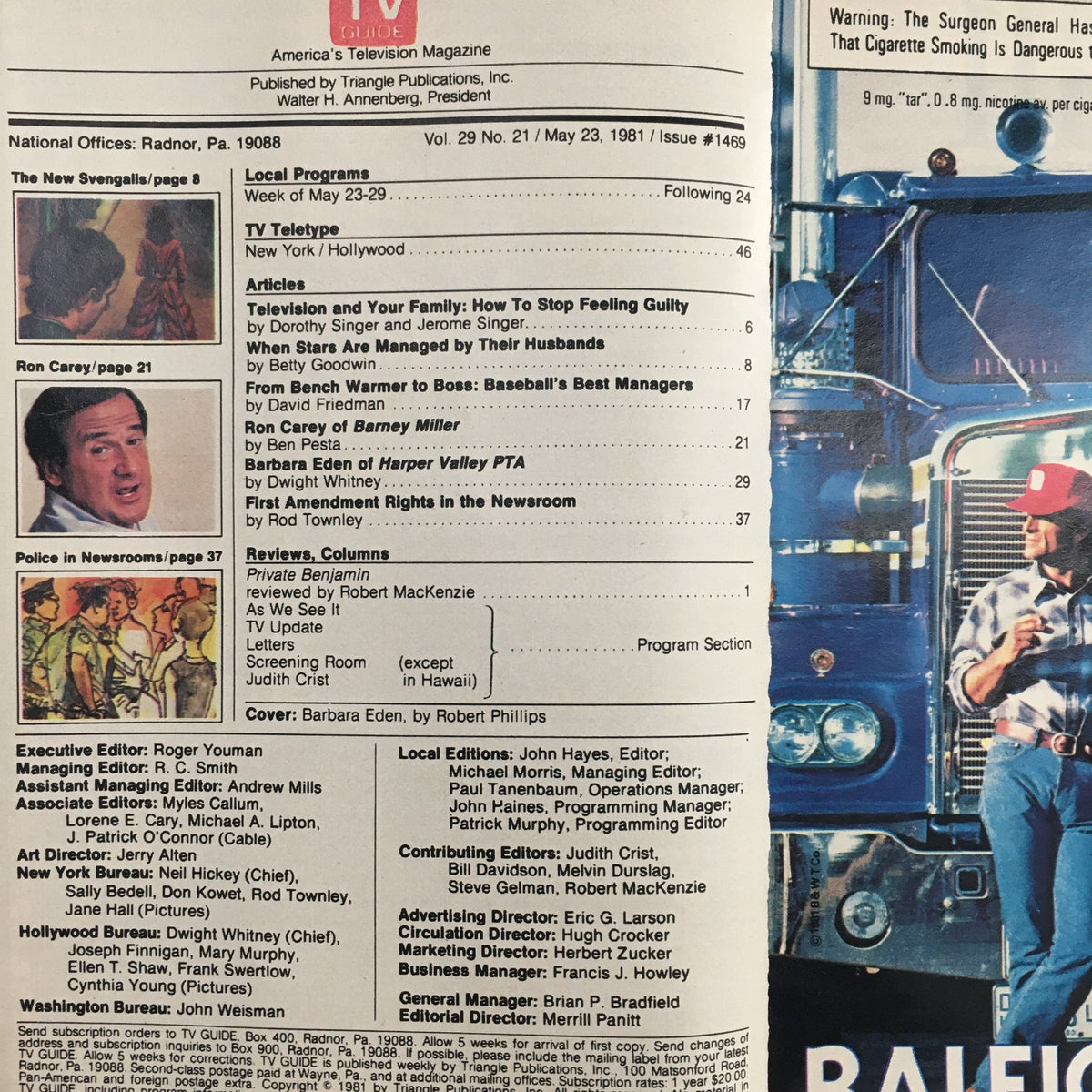 Inside page of TV Guide Magazine May 23 1981, showcasing articles including one about Barbara Eden from 'Harper Valley PTA.' This page highlights the magazine’s content related to television programs of the era.
