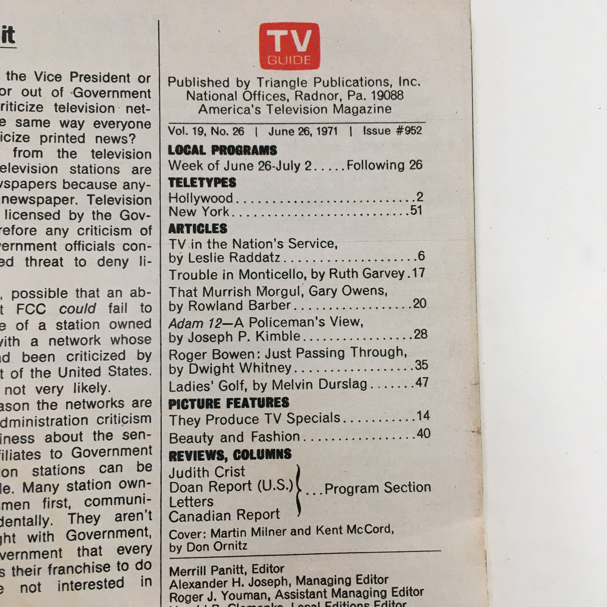 Table of contents of TV Guide Magazine June 26 1971, highlighting local programs and articles, including features on Adam-12 with Martin Milner and Kent McCord.