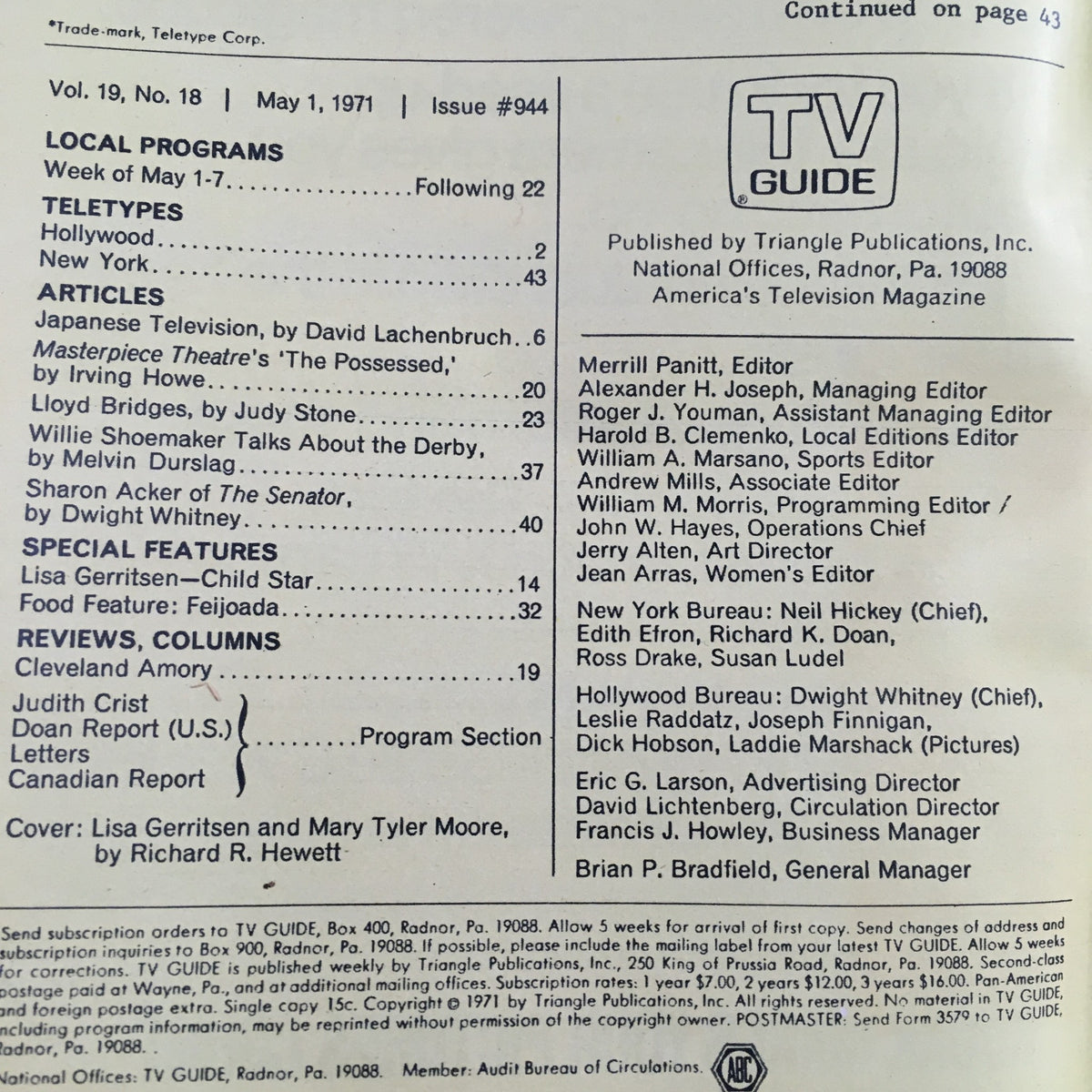 Inside page of TV Guide Magazine May 1, 1971, listing local programs, articles, and special features including Lisa Gerritsen and Mary Tyler Moore.