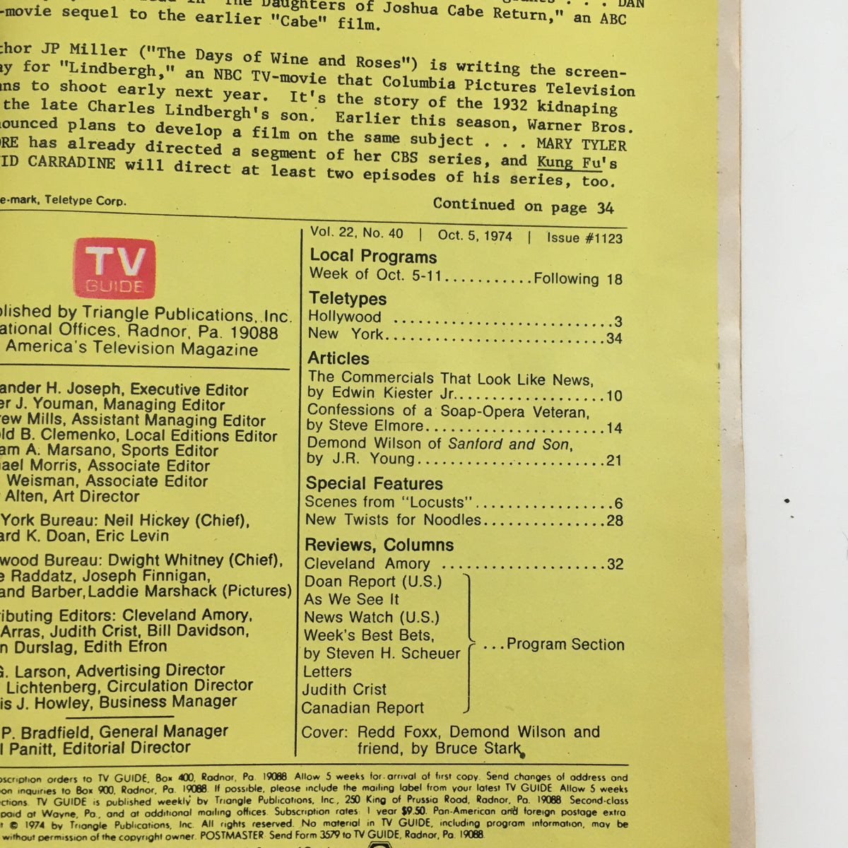 TV Guide Magazine October 5 1974 featuring Redd Foxx, Demond Wilson & Friend. The back cover highlights articles, local programs, and other TV content with a vibrant yellow design.