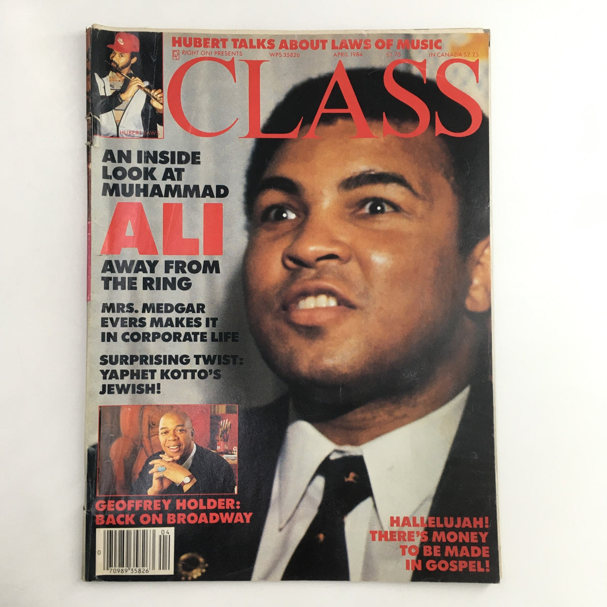 Class Magazine April 1984 cover showcasing Muhammad Ali with striking visuals, features on Geoffrey Holder, Hubert Laws, and culturally significant insights into the 1980s.