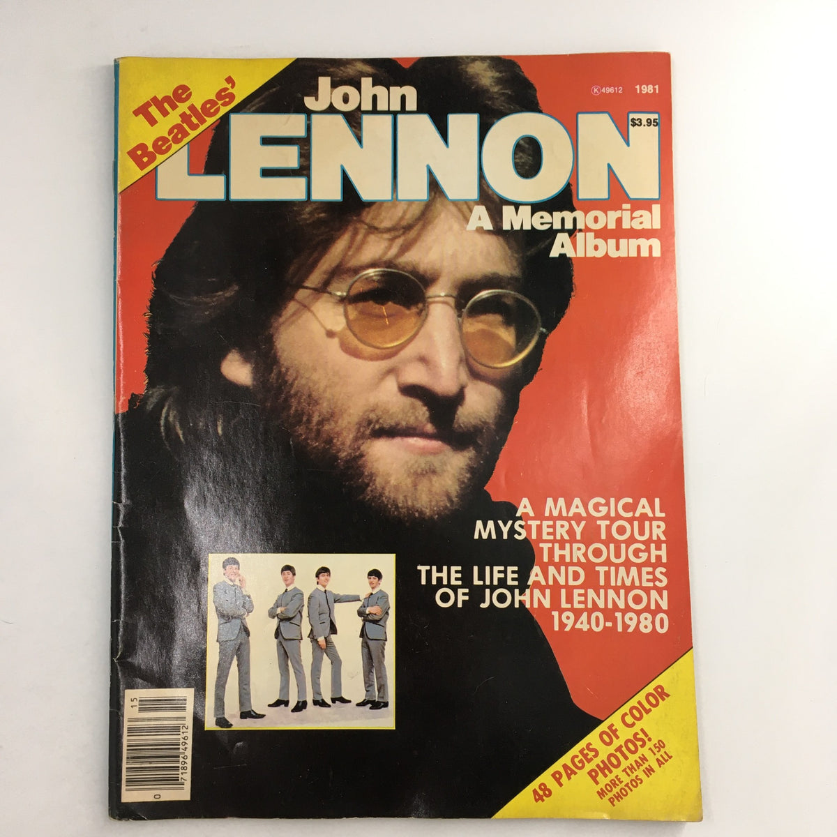 1981 The Beatles' John Lennon A Memorial Album featuring a cover portrait of John Lennon wearing glasses and a fur coat, highlighting the legacy of Lennon with featured text about his life from 1940 to 1980 and promotional details about the magazine's contents.