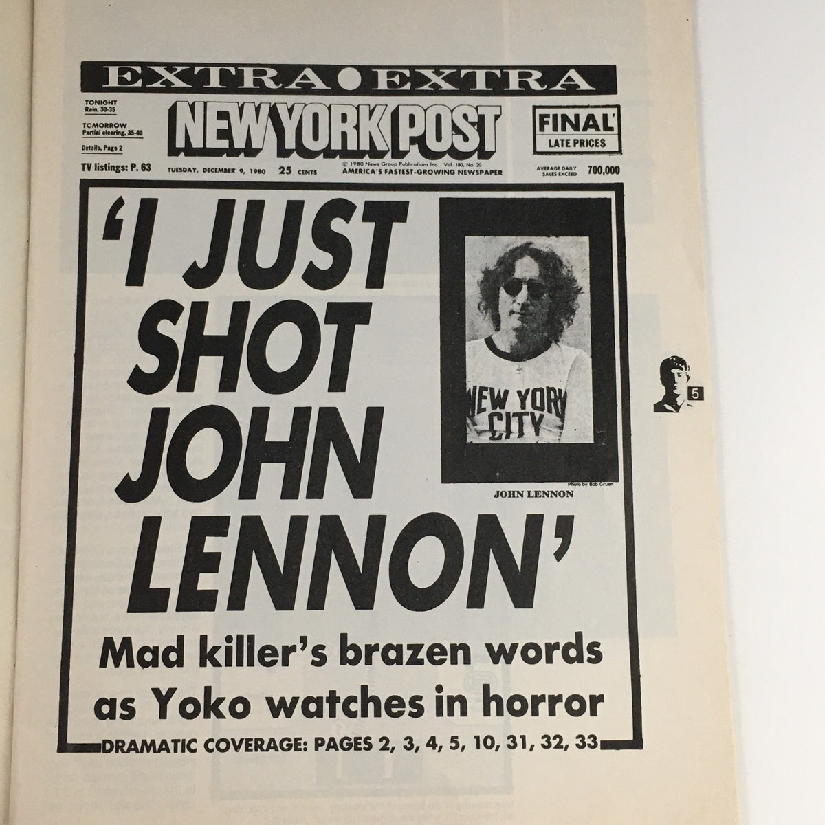 Front page of New York Post dated December 8, 1980, announcing 'I Just Shot John Lennon,' featuring a photo of Lennon wearing a New York City shirt.