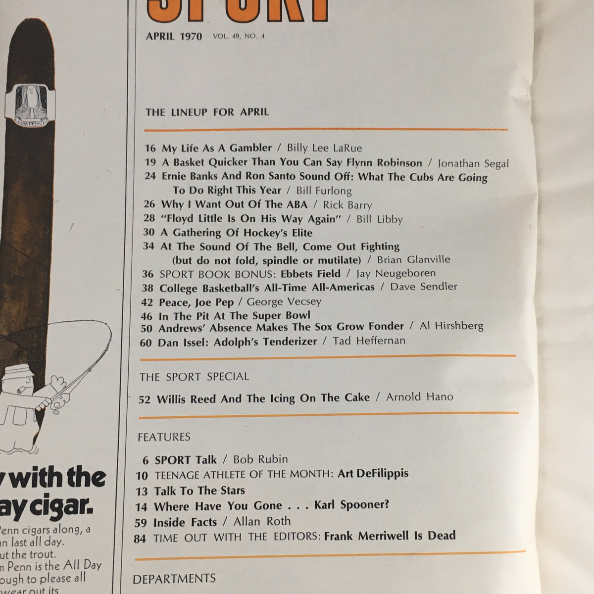 Sport Magazine April 1970 Vol 49 #4 featuring Willis Reed and Ernie Banks, showcasing a vintage magazine's cover with a list of articles, including sports highlights and features of the month.
