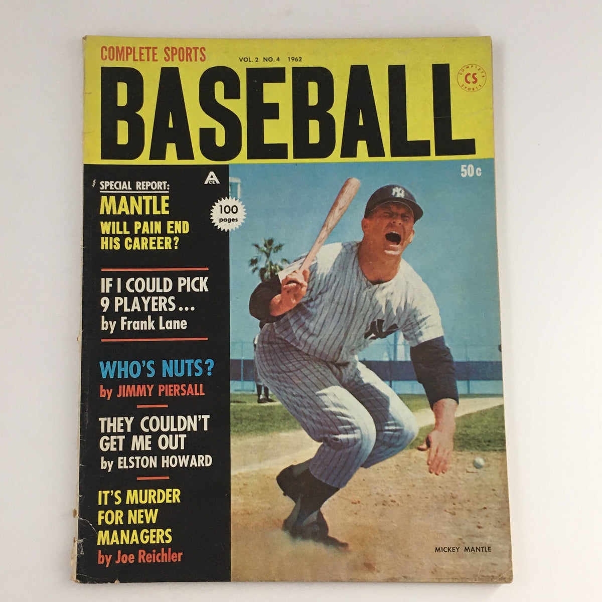 Cover of Complete Sports Baseball Magazine Vol 2 #4 1962 featuring Mickey Mantle with headlines discussing his career, iconic imagery, and special reports.
