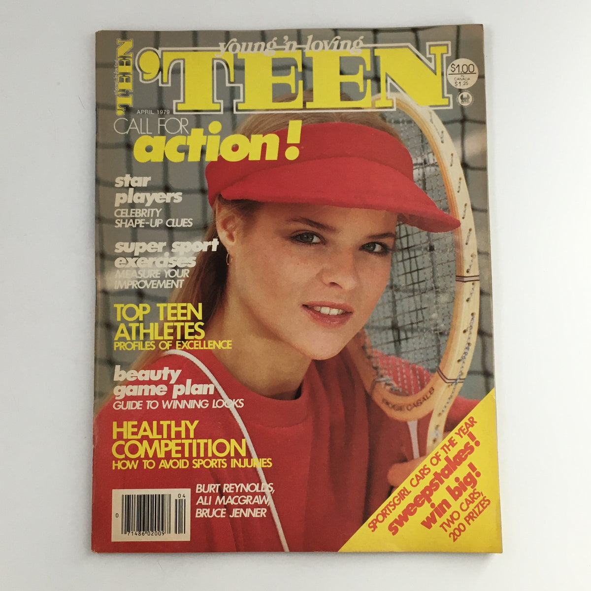 Teen Magazine April 1979 cover featuring a young female model in a red sporty outfit and visor, focused on sports and healthy competition, showcasing Burt Reynolds, Ali MacGraw, and Bruce Jenner as featured stars.