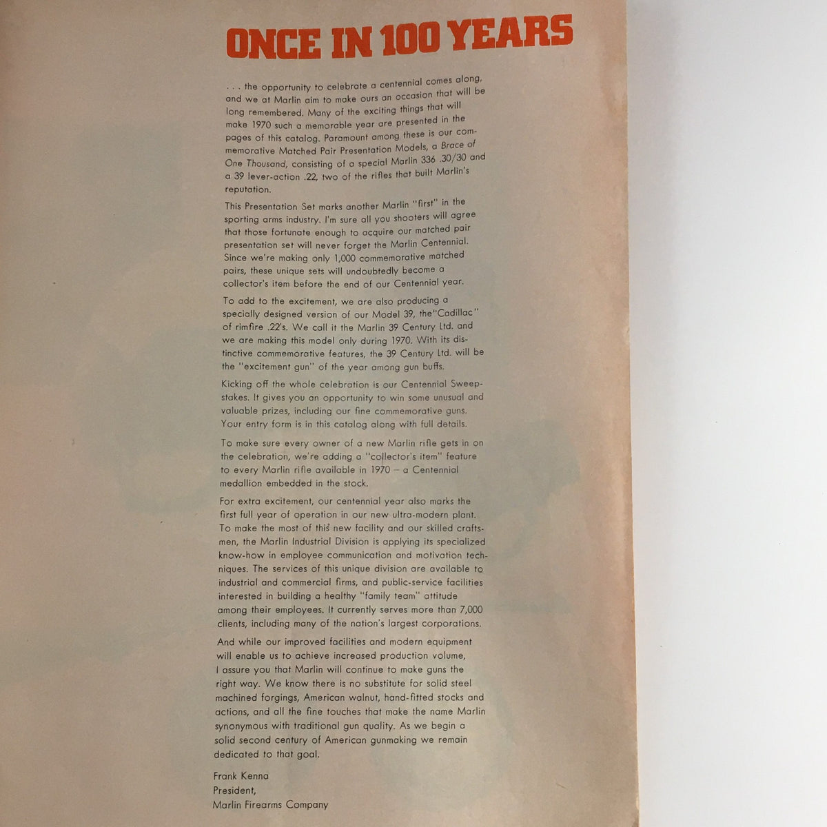 Inside page of '100 Years of American Gunmaking Marlin Firearms 1870-1970' describing the company's centennial celebration and featuring promotional details about Marlin firearms.