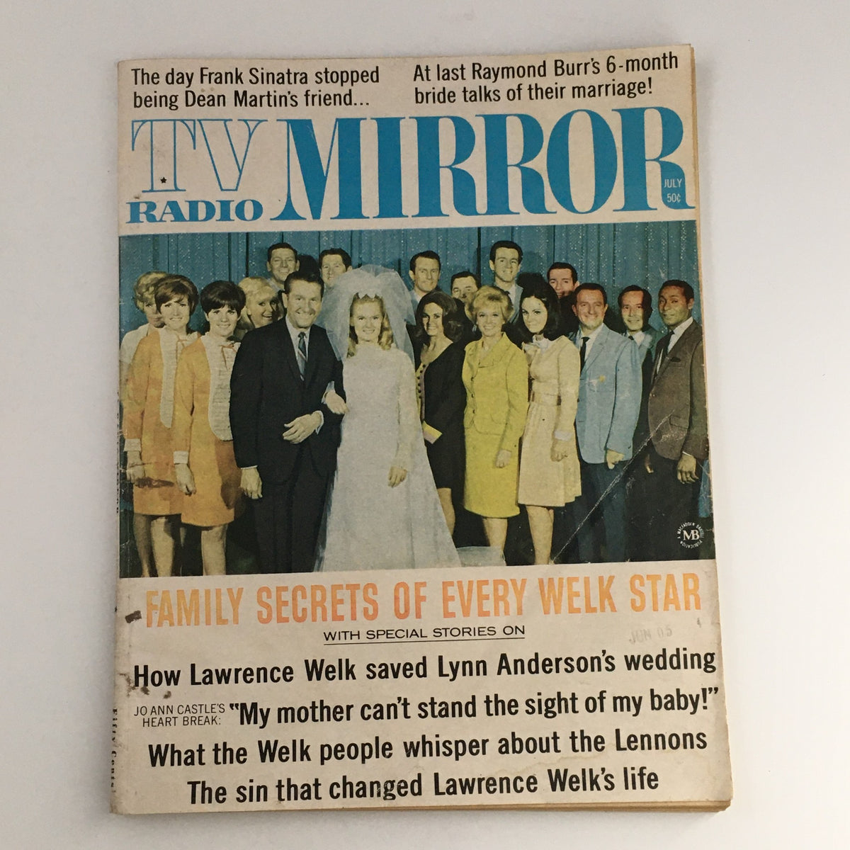 TV Radio Mirror Magazine July 1968 cover featuring Frank Sinatra and Laurence Welk, showcasing a group photo of entertainers with a wedding theme and headlines related to the stars' personal stories.