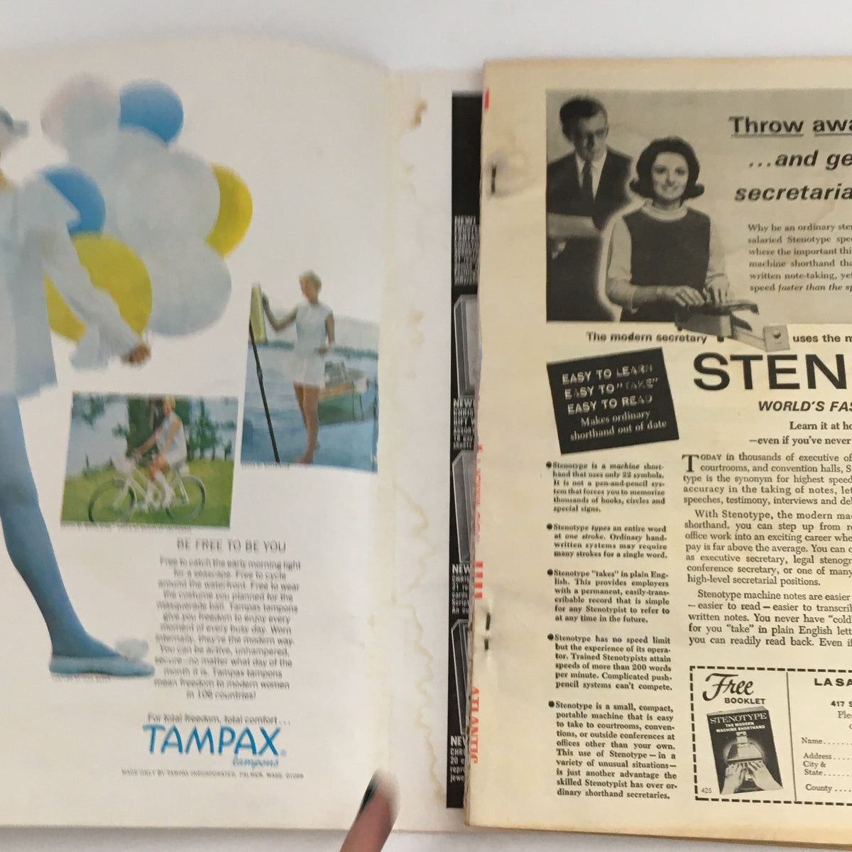 Inside view of the TV Radio Mirror Magazine July 1968 featuring vintage advertisements, including a Tampax ad and a Stenotype promotion, reflecting the era's design aesthetics.