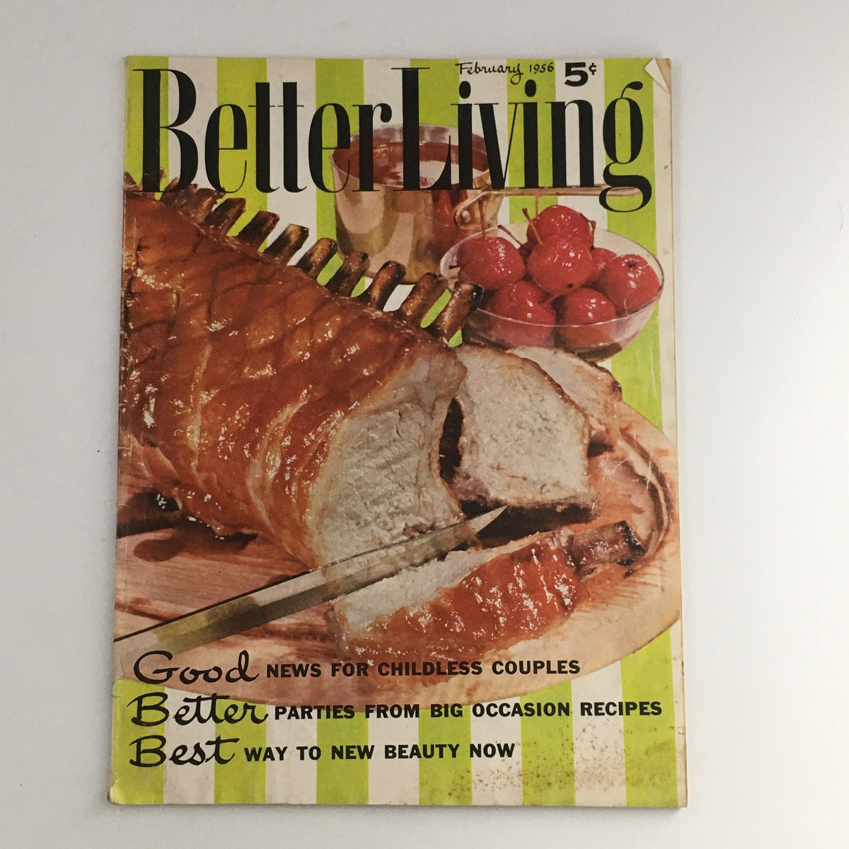 Cover of Better Living Magazine February 1956 featuring a roasted meat dish, party tips, and vintage design.