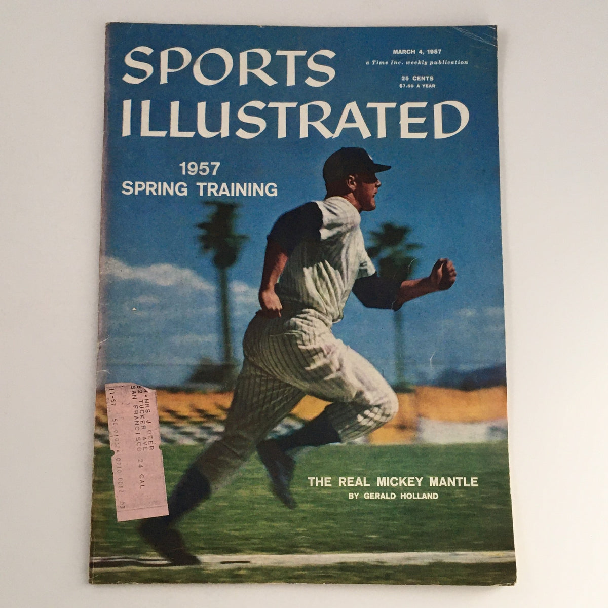 Cover of Sports Illustrated Magazine from March 4, 1957 featuring The Real Mickey Mantle, showcasing a baseball player in action against a backdrop of palm trees.
