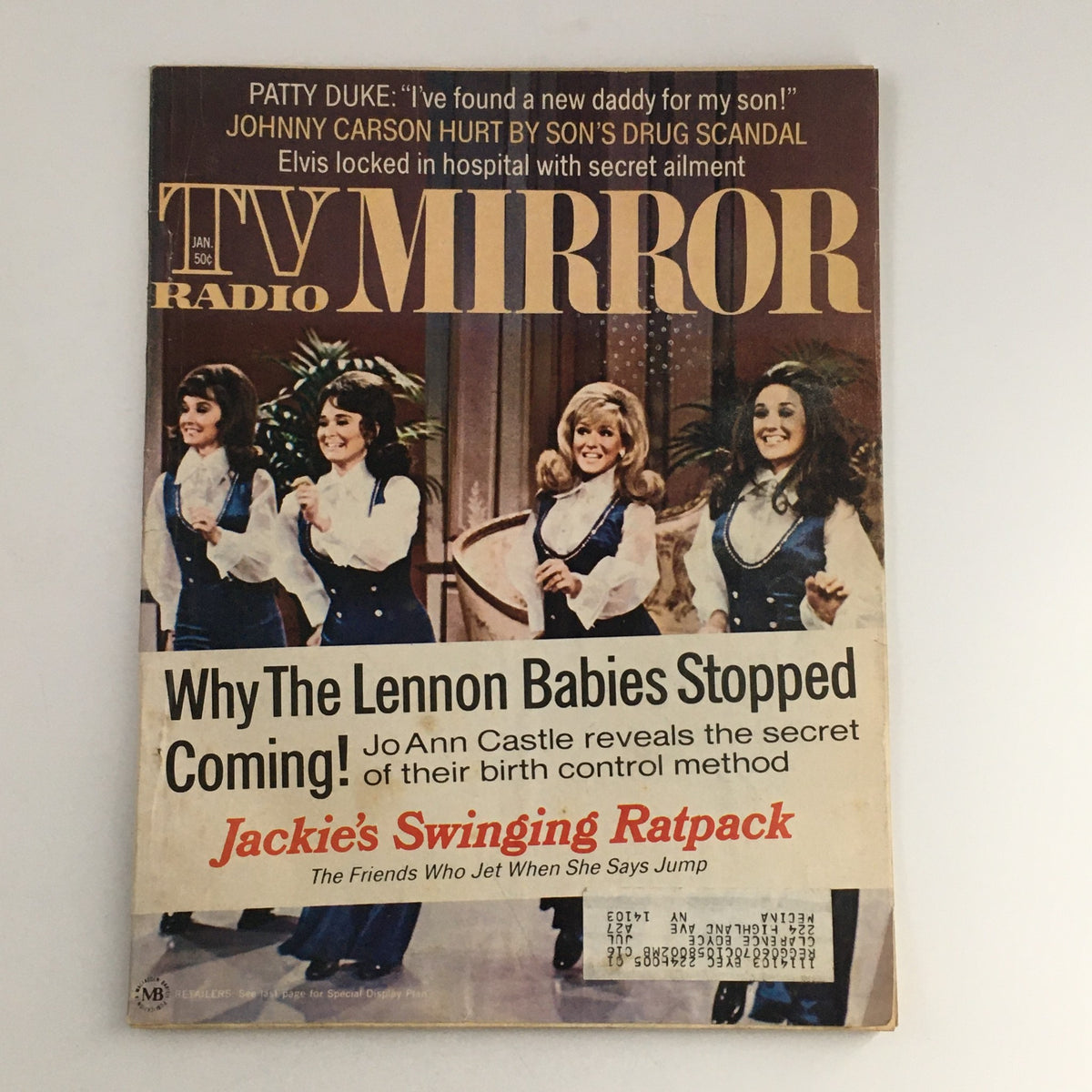 Cover of TV Radio Mirror Magazine January 1972 featuring Patty Duke, Johnny Carson, and Jackie Ratpack, showcasing a vintage design with headlines, images of performers, and nostalgic visuals.