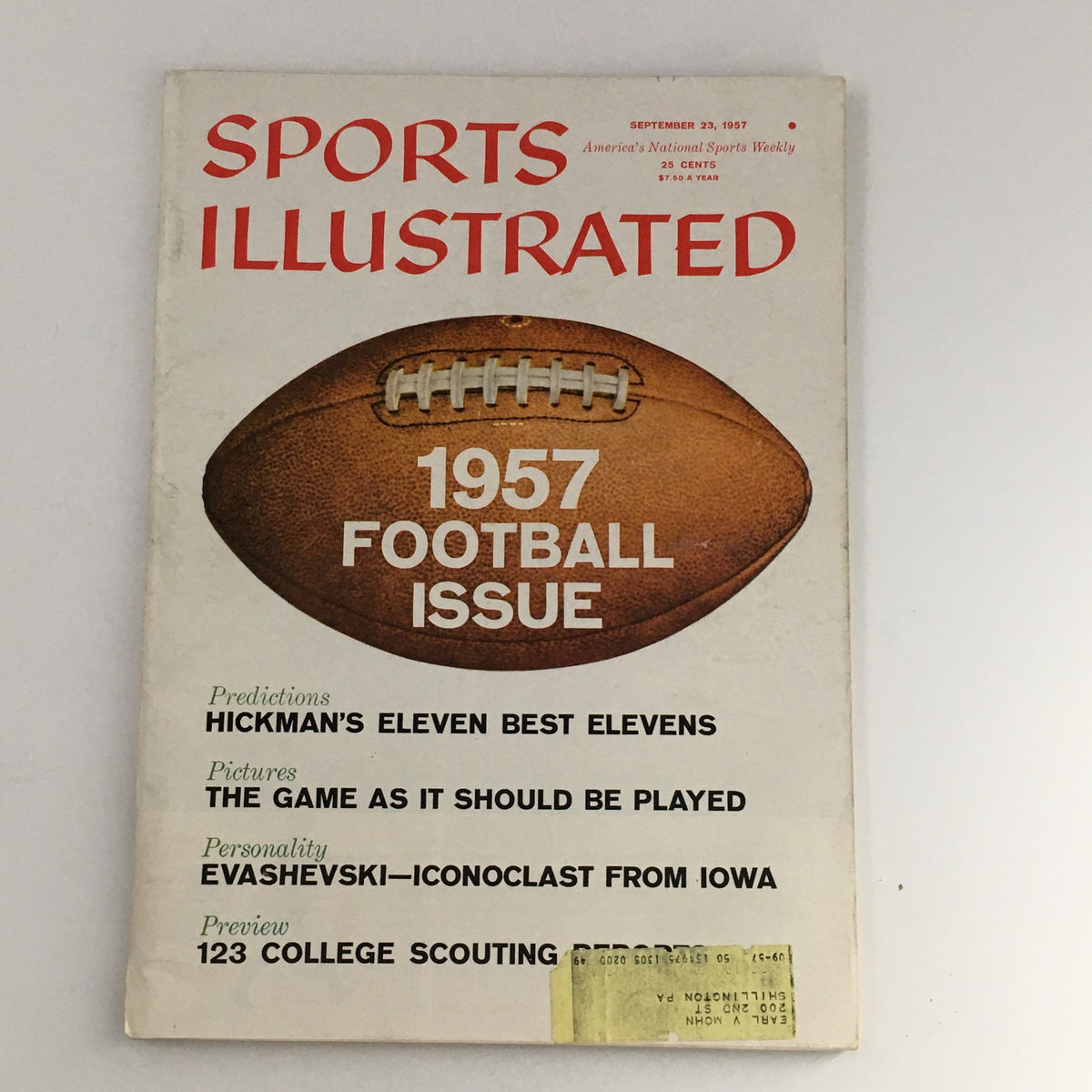 Cover of Sports Illustrated Magazine September 23 1957 featuring a football, highlighting key football predictions and personalities including Herman Hickman and Forest Evashevski.