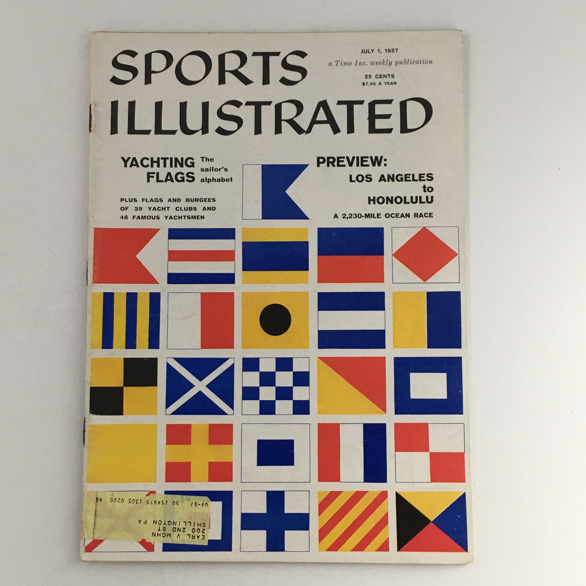 Cover of Sports Illustrated Magazine July 1 1957 featuring yachting flags and a preview of the 2,230 Mile Ocean Race from Los Angeles to Honolulu.