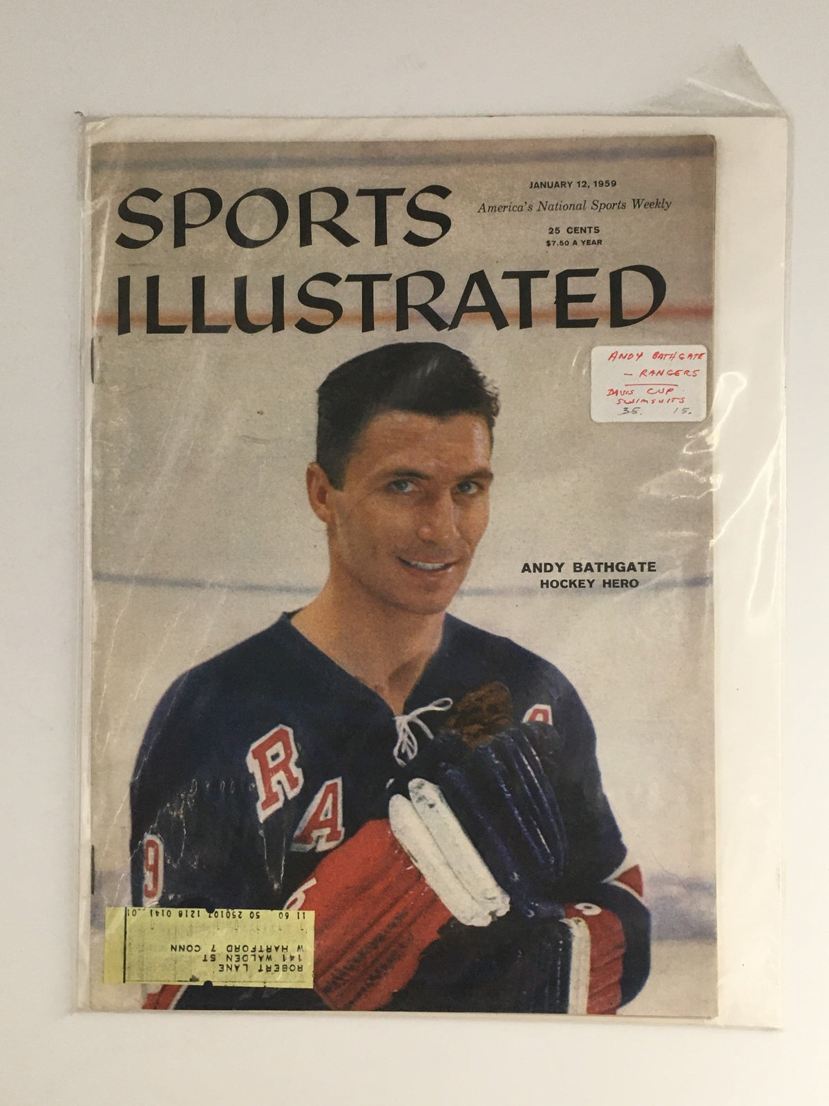 Cover of Sports Illustrated Magazine January 12, 1959, featuring hockey hero Andy Bathgate in a New York Rangers jersey, showcasing his sportsmanship and skill in the NHL.