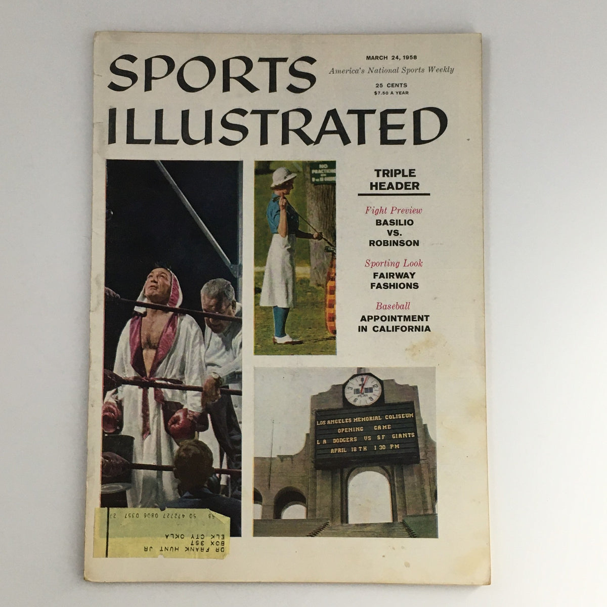 Cover of Sports Illustrated Magazine, March 24, 1958 featuring the iconic boxing match between Carmen Basilio and Sugar Ray Robinson, showcasing vintage sports culture.