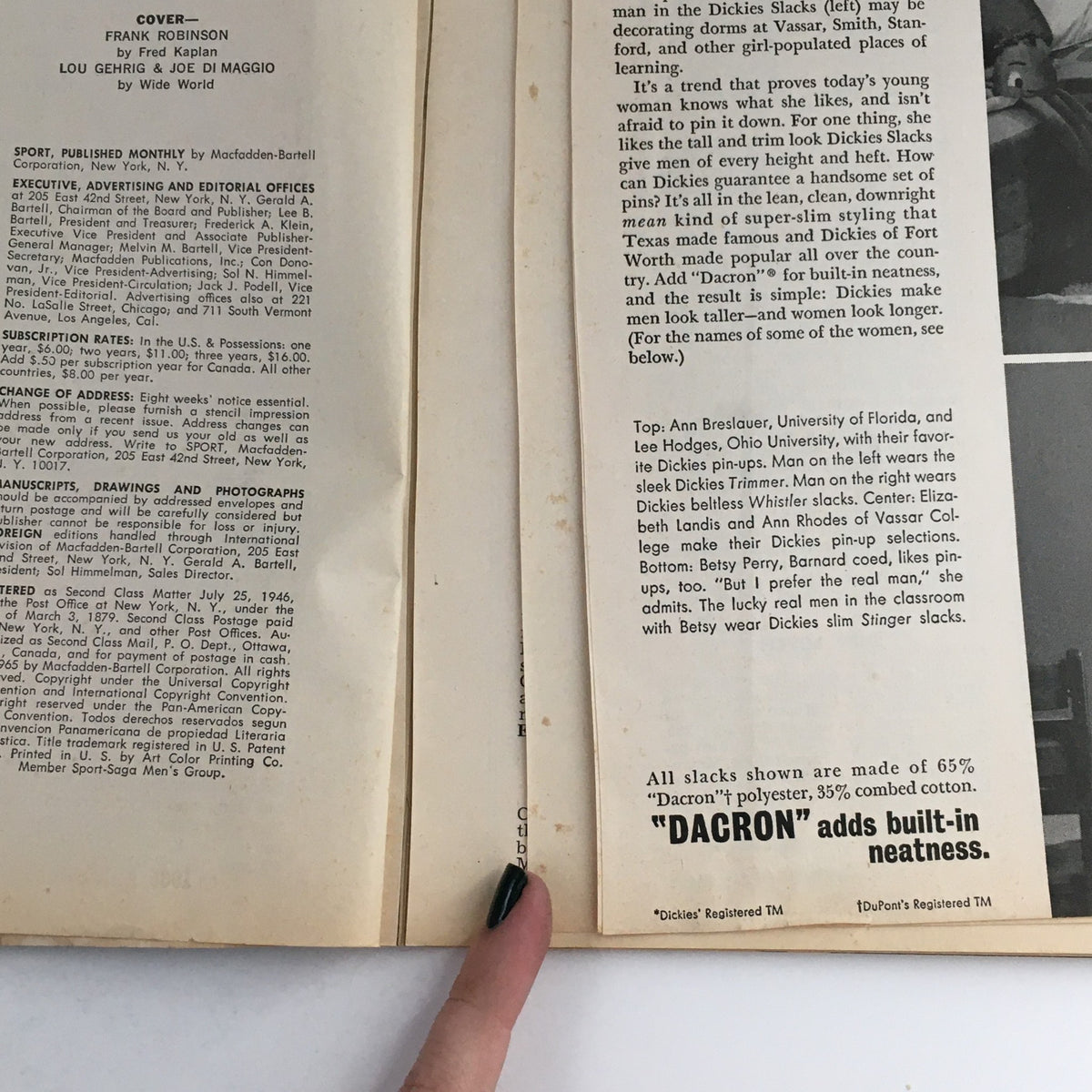 Inside page of September 1965 Sport Magazine displaying editorial details and article topics, including Lou Gehrig and Joe DiMaggio.
