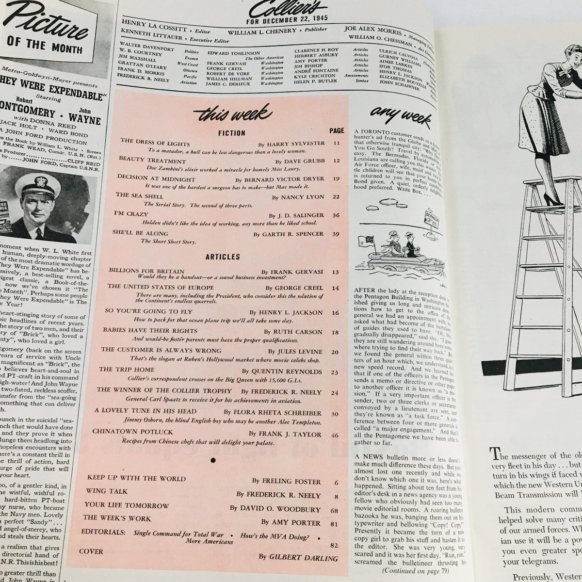 Collier's Magazine December 22, 1945, interior pages featuring the table of contents including J.D. Salinger's story 'I'm Crazy'.