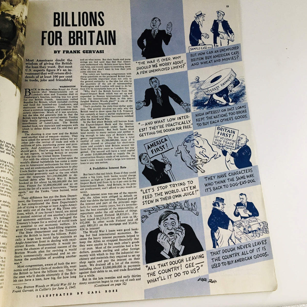 Collier's Magazine December 22, 1945, article titled 'Billions for Britain' by Frank Gervasi with illustrations discussing post-war trade.