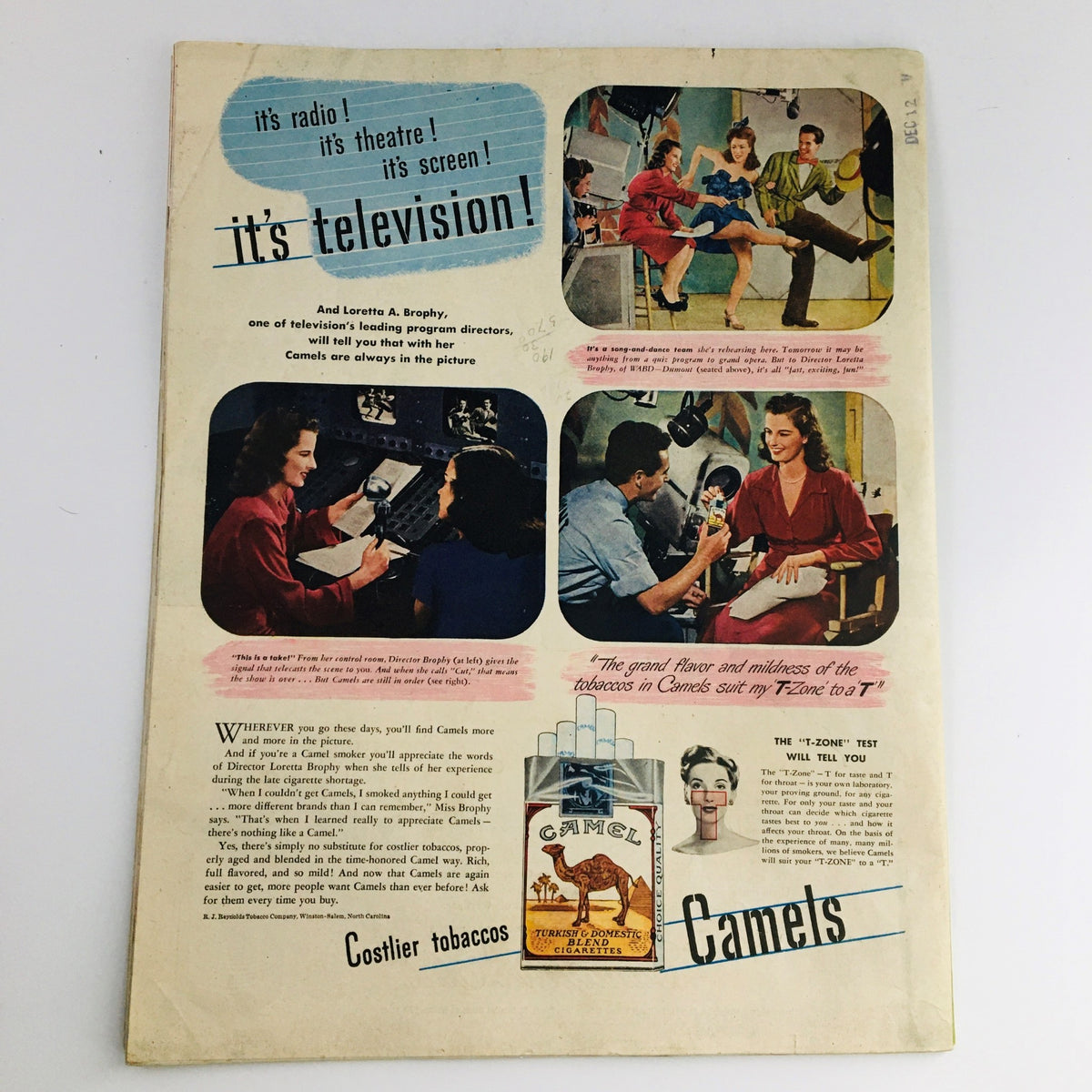 Collier's Magazine December 22 1945 showcasing an advertisement for Camel cigarettes highlighting the connection between television and the product.