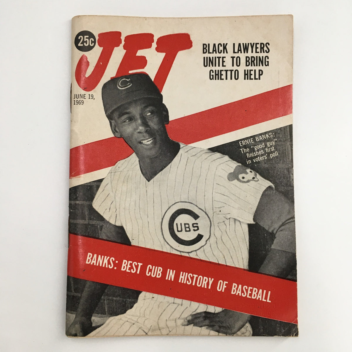 Cover of Jet Magazine from June 19, 1969, featuring Ernie Banks, titled 'Banks: Best Cub in History of Baseball.' The magazine showcases Ernie Banks in a Chicago Cubs uniform, highlighting his legacy in baseball.