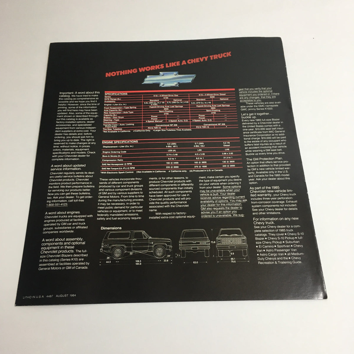Back cover of the 1985 Chevy Trucks Full-Size Blazer brochure providing specifications and details about Chevy trucks.