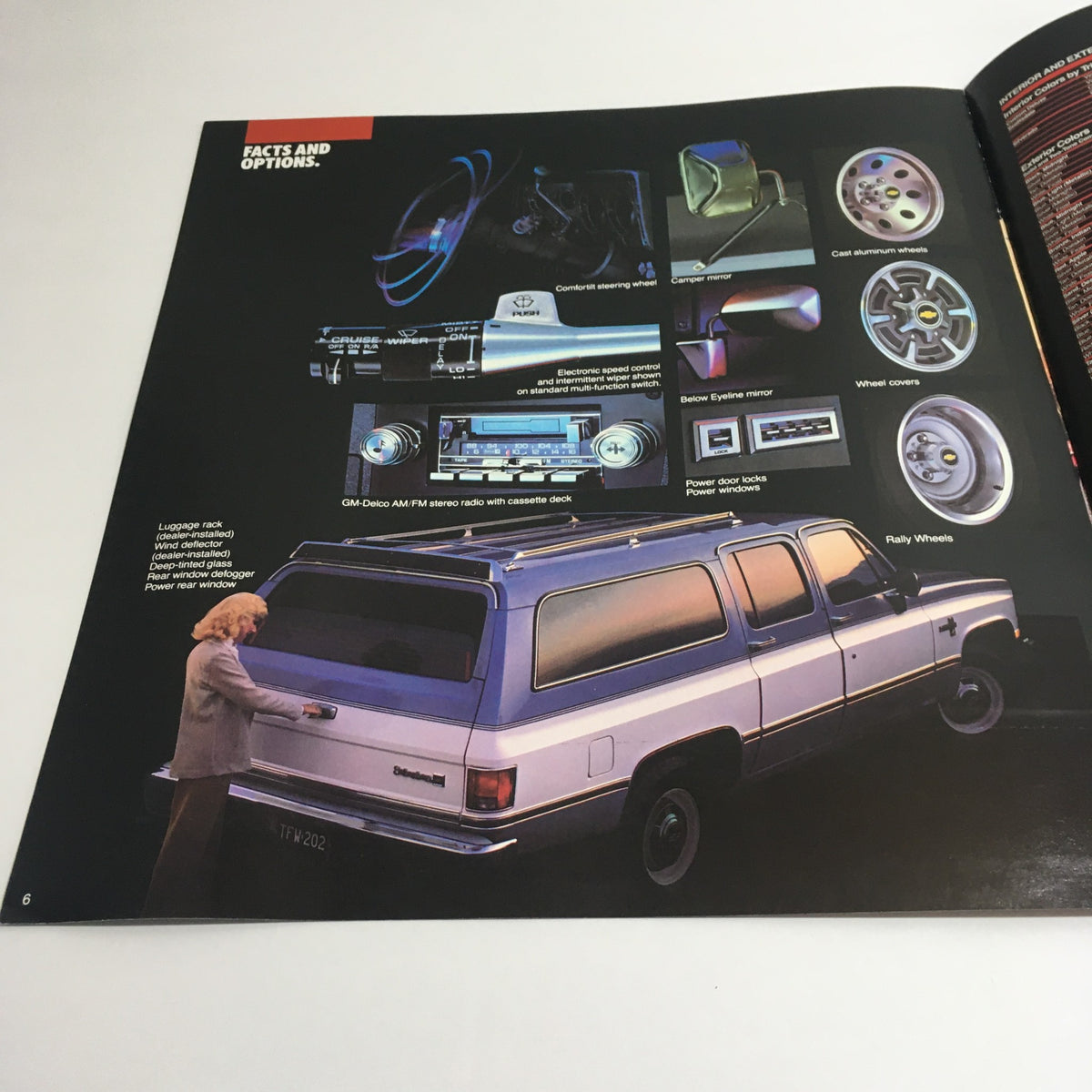 Interior page of the 1985 Chevy Trucks Full-Size Blazer Dealership Brochure Catalog showcasing vehicle features and options with a graphic layout.