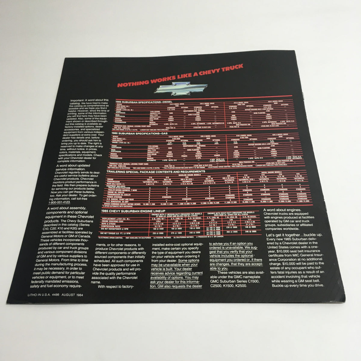 Specifications and features list from the 1985 Chevy Trucks Full-Size Blazer Dealership Brochure Catalog, detailing technical information about the Chevy Suburban.