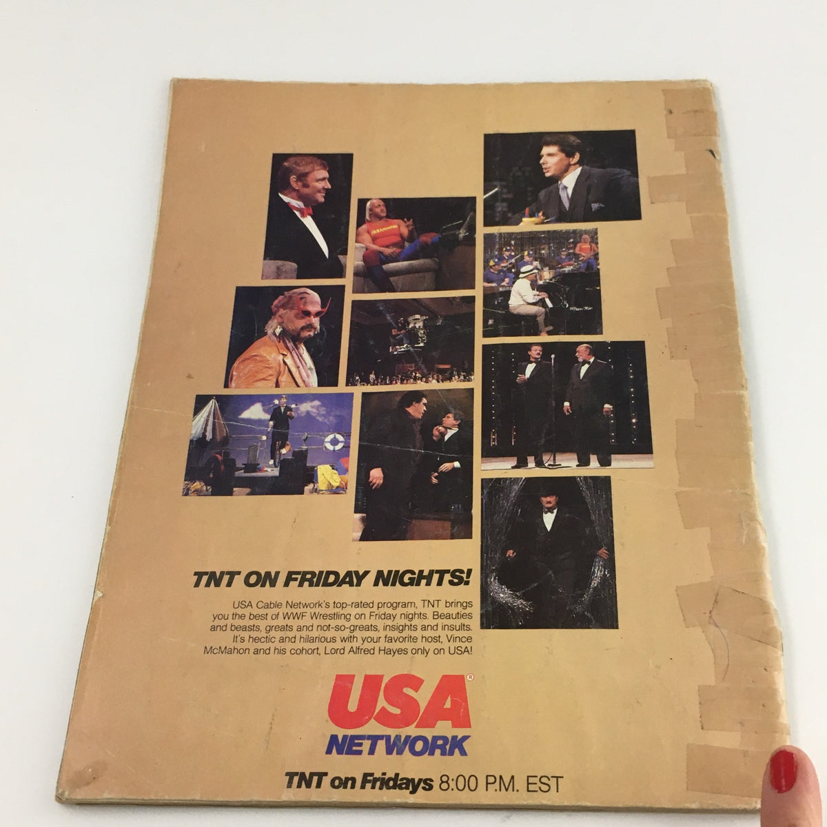 Back cover of WWF Magazine December '85-January 1986 featuring images from the TNT wrestling program on USA Network, highlighting wrestling personalities and events.