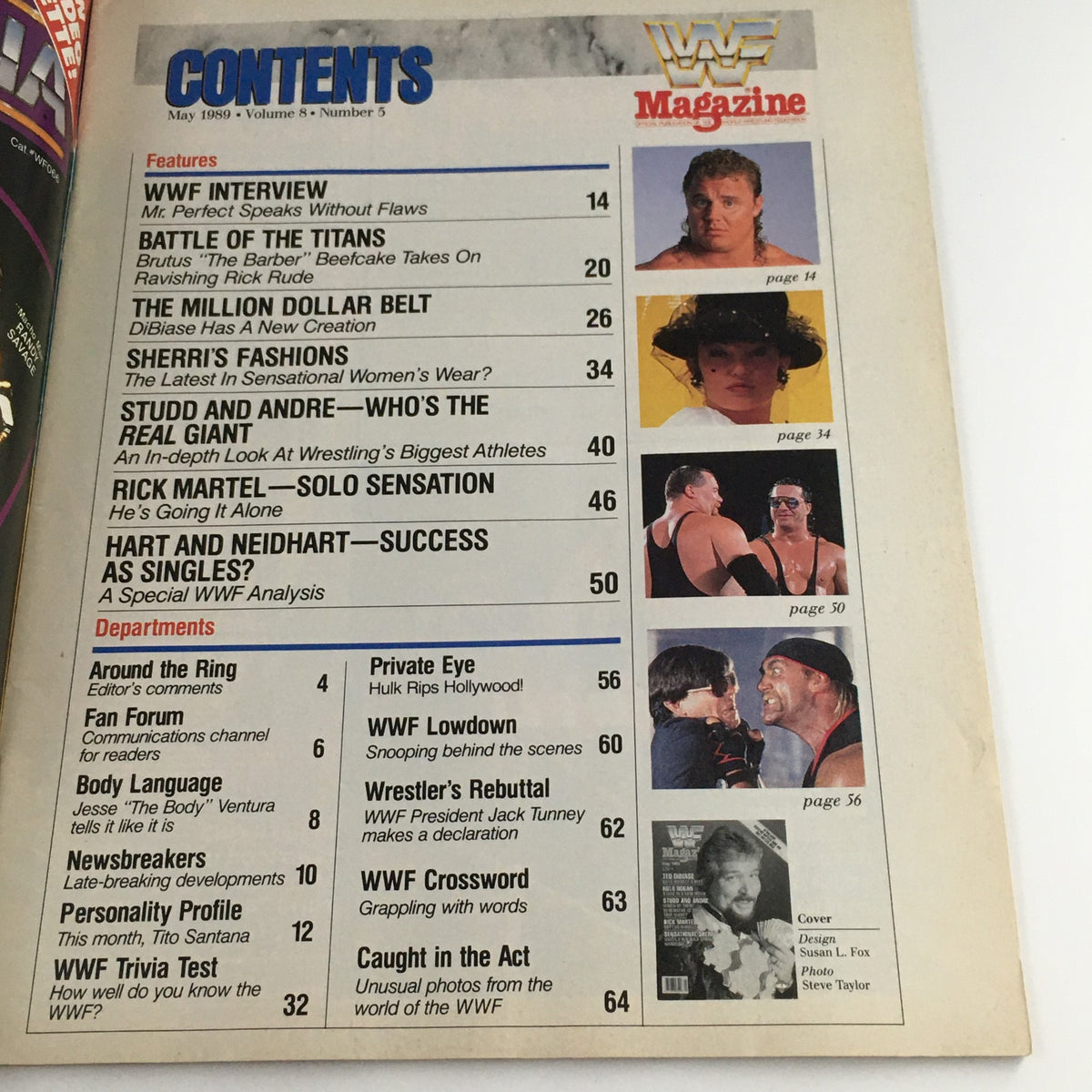 Contents page of WWF Magazine May 1989, listing features and departments, including articles on various wrestling superstars and WWF events.