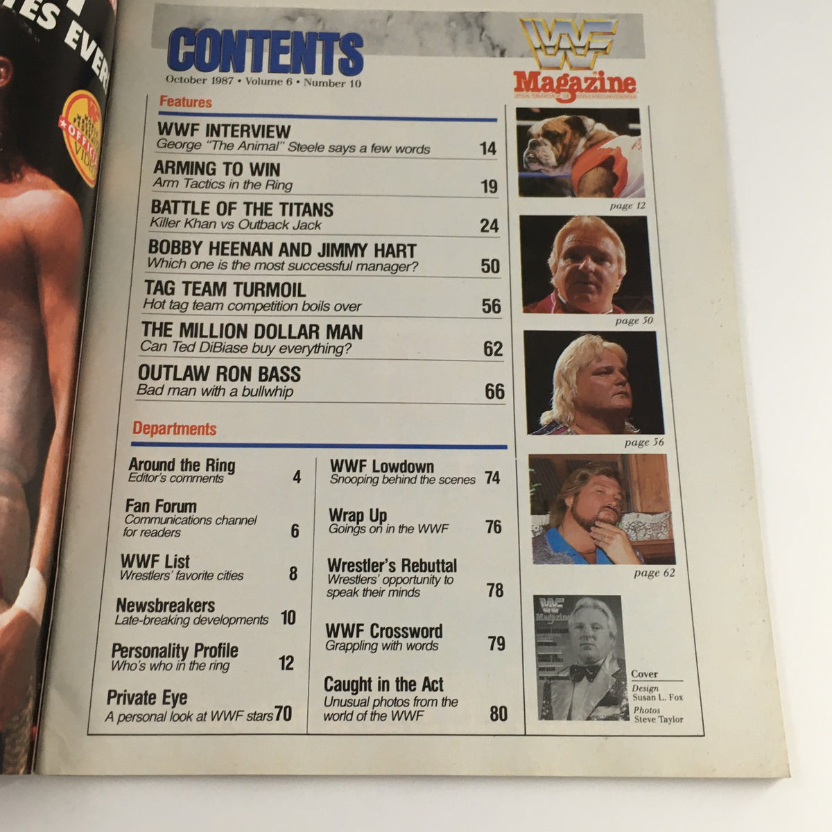 Contents page of WWF Magazine October 1987, listing articles and features including interviews with George 'The Animal' Steele and the million dollar man, Ted DiBiase.