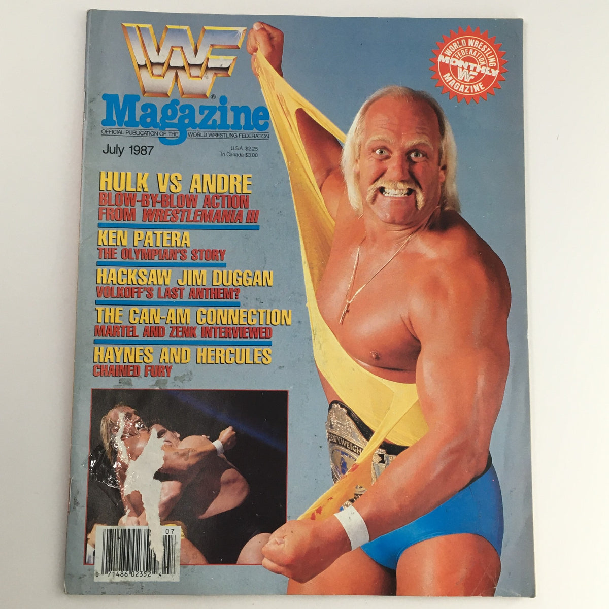 WWF Magazine July 1987 cover featuring Hulk Hogan posing dramatically, highlighting the article on Hulk vs Andre The Giant. Includes features about Haynes and Hercules.