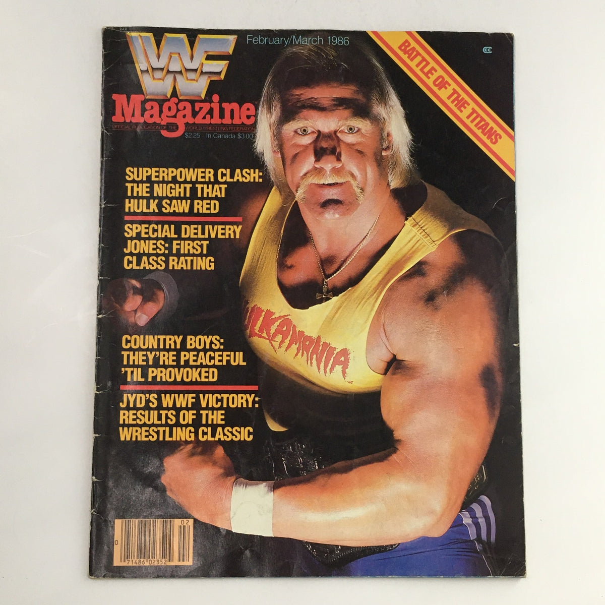 WWF Magazine February-March 1986 cover featuring Hulk Hogan with the headline 'Battle of the Titans' and notable articles including 'Superpower Clash' and 'Country Boys: They’re Peaceful 'til Provoked.'