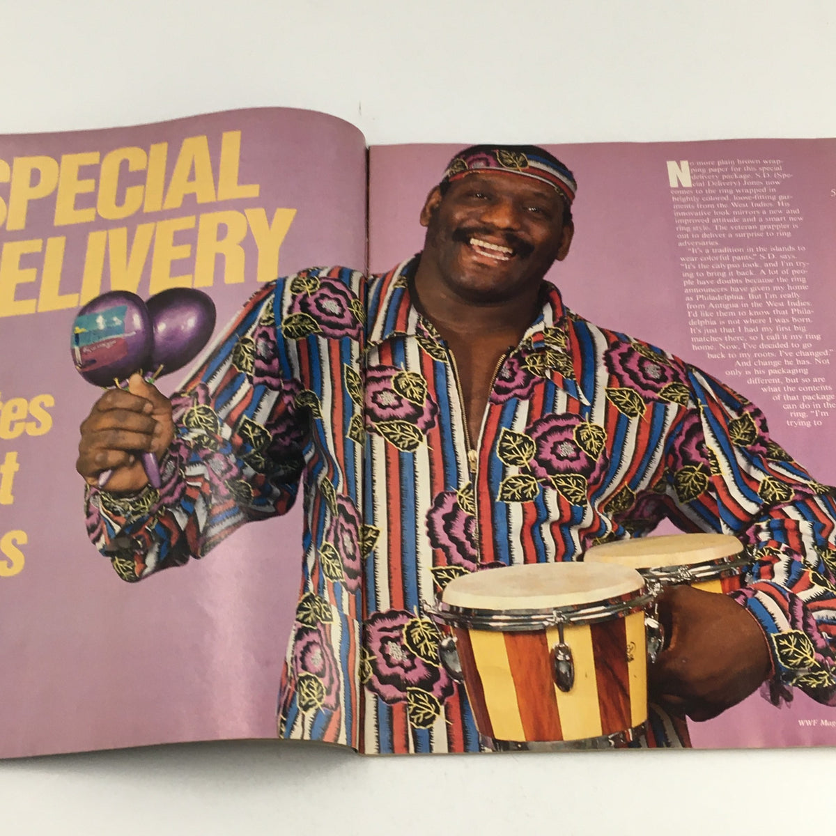 Inside page of WWF Magazine February-March 1986 showcasing Special Delivery Jones holding maracas and wearing a vibrant patterned outfit.