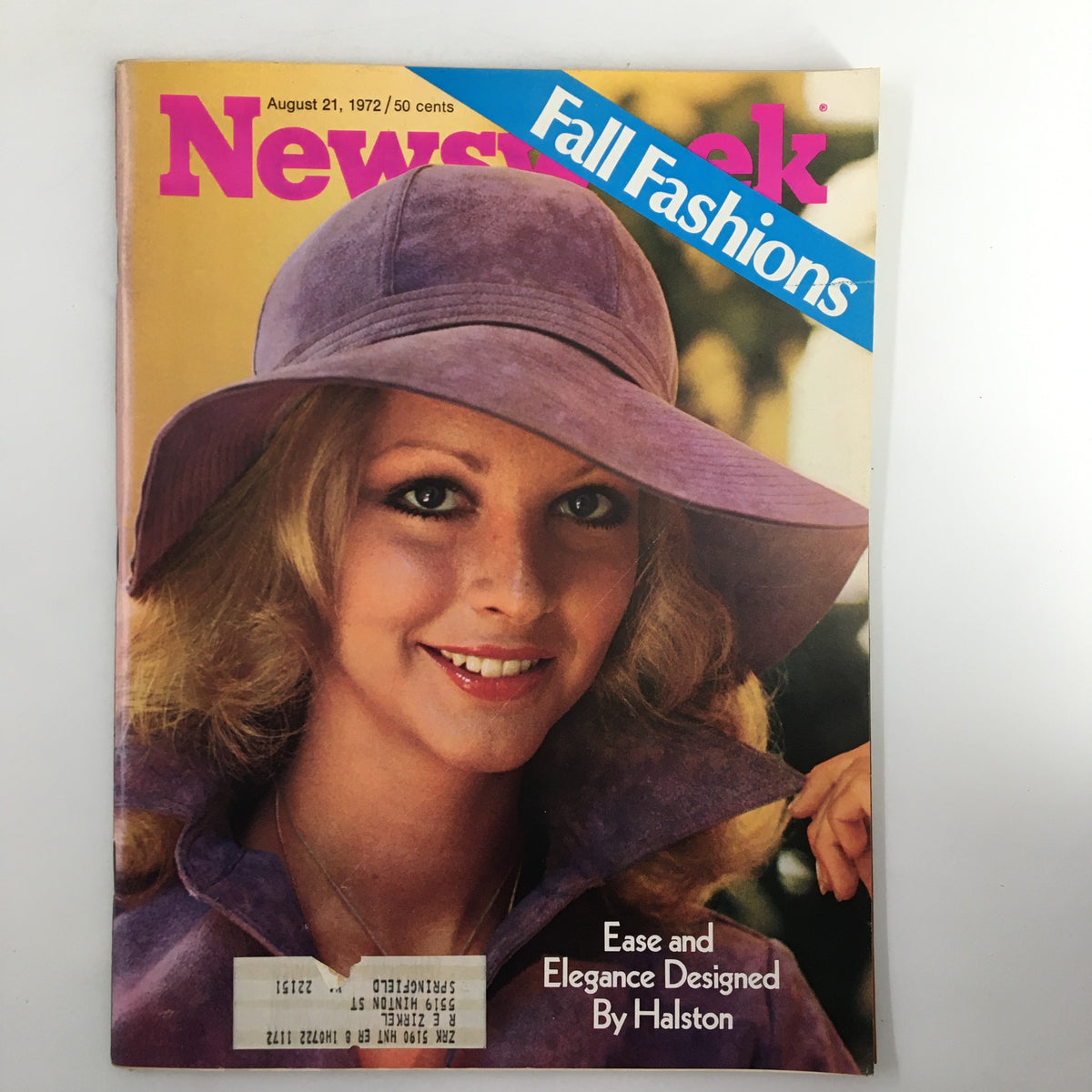 VTG Newsweek Magazine Cover from August 21, 1972 featuring model in a purple hat with the theme 'Ease and Elegance Designed by Halston', showcasing vintage fashion from the 1970s.