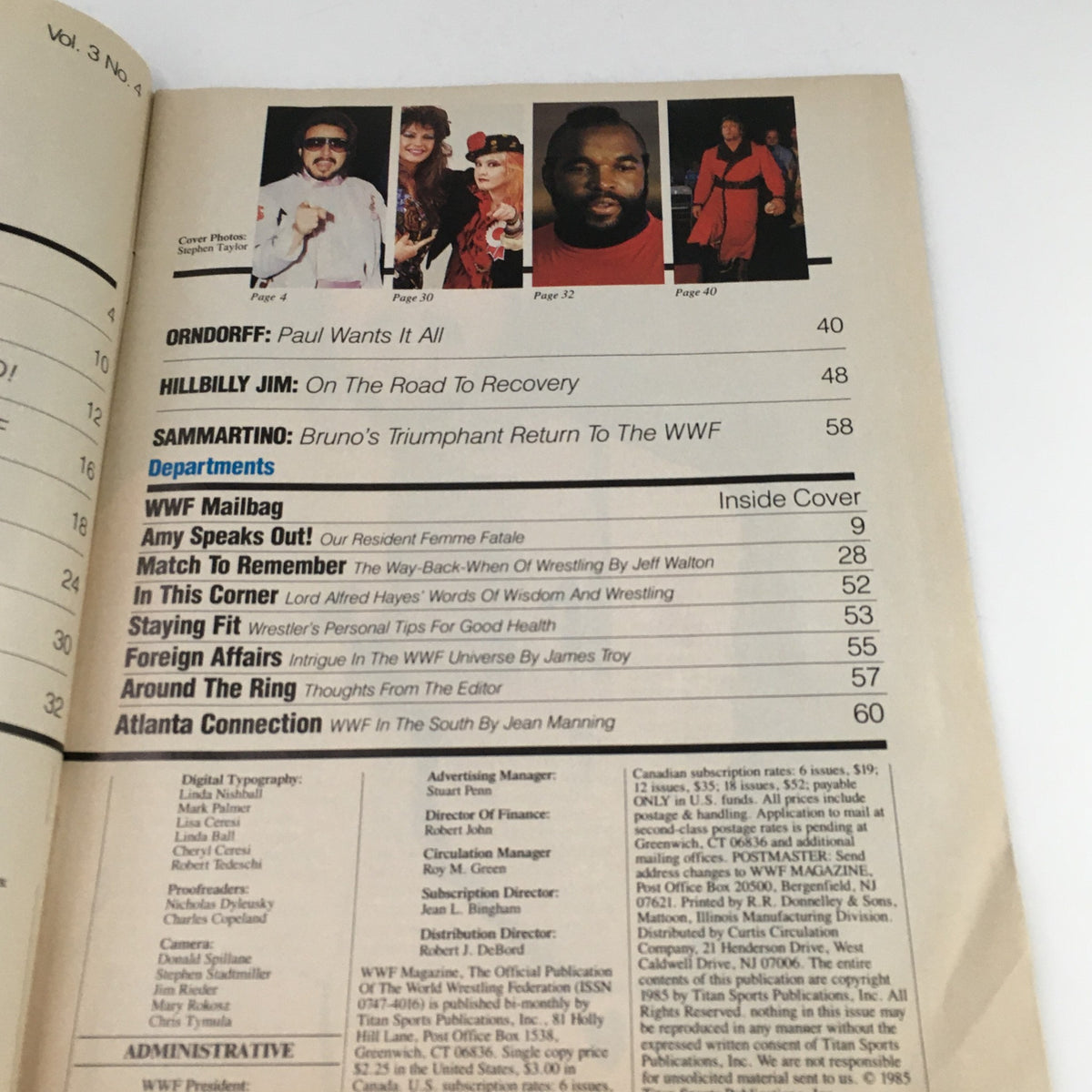 Editorial page from WWF Magazine June-July 1985 featuring contents including notable articles like Paul Orndorff and Hillbilly Jim.